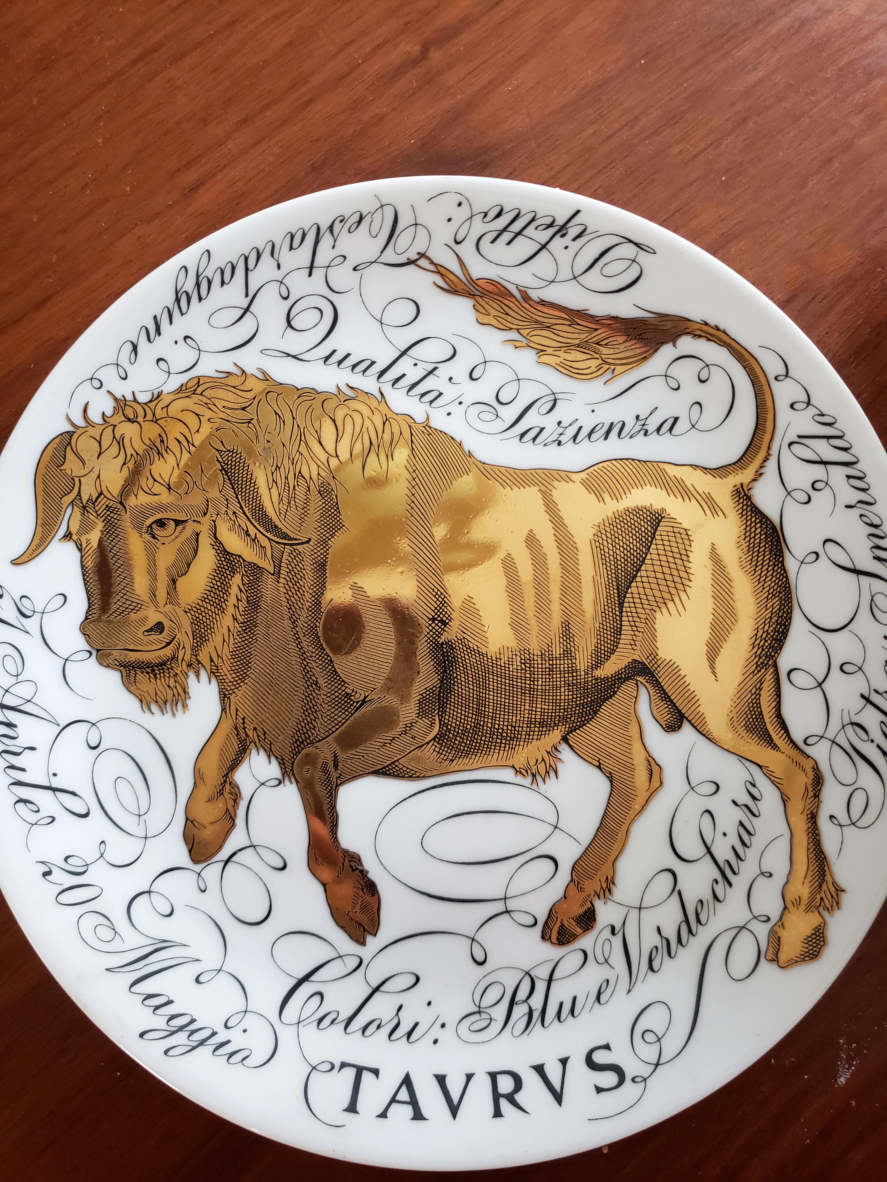 Mid-Century Modern Vintage Piero Fornasetti Porcelain Zodiac Plate, Zodiac Sign- Taurus, Dated 1968