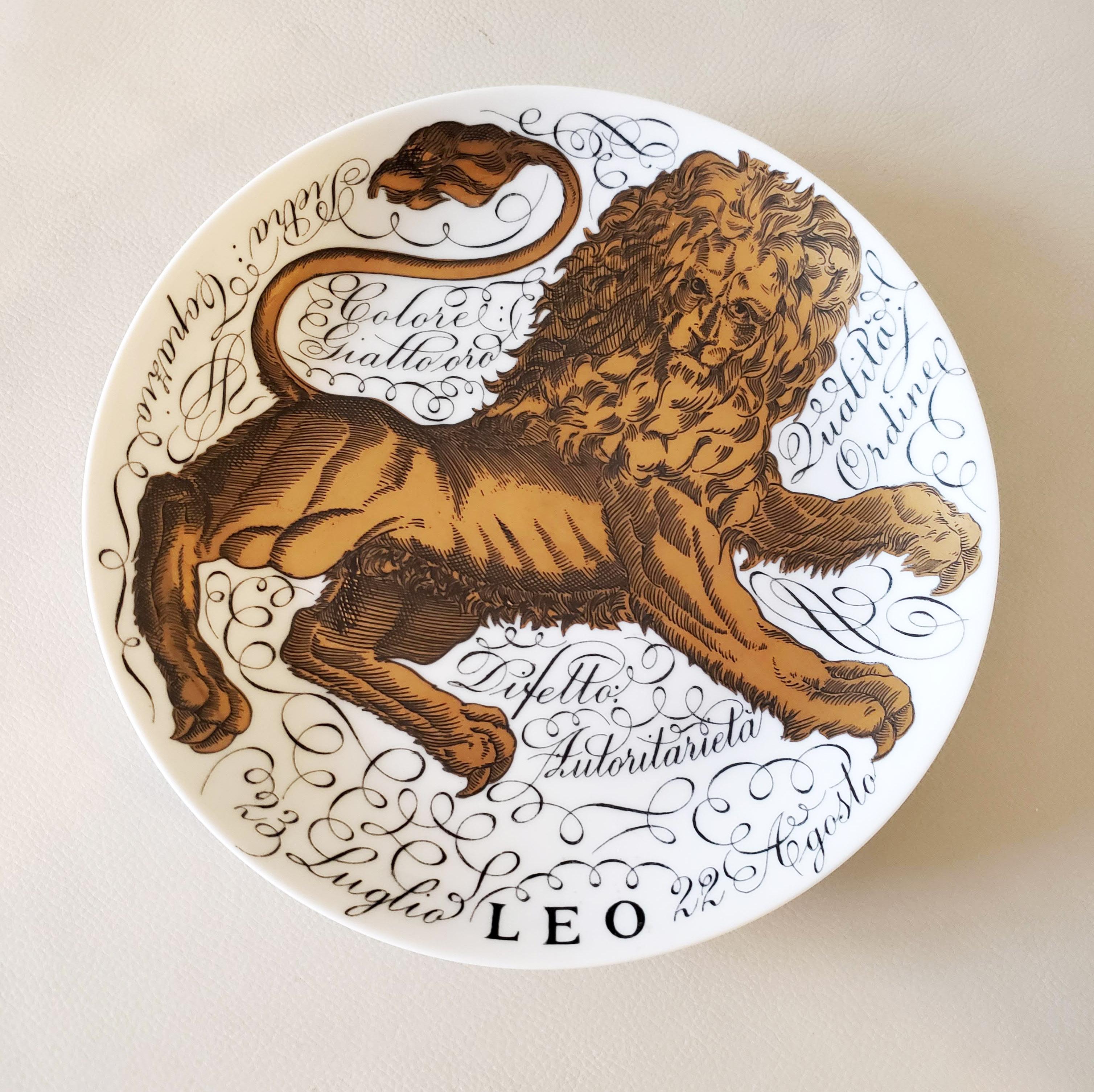 Vintage Piero Fornasetti porcelain Zodiac plates,
Astrali pattern,
Complete set of twelve.
Made for Corisia,
Dated 1964-1975.
 
Each plate depicts a different Astrological Zodiac sign painted in gold. Around each sign are words describing the