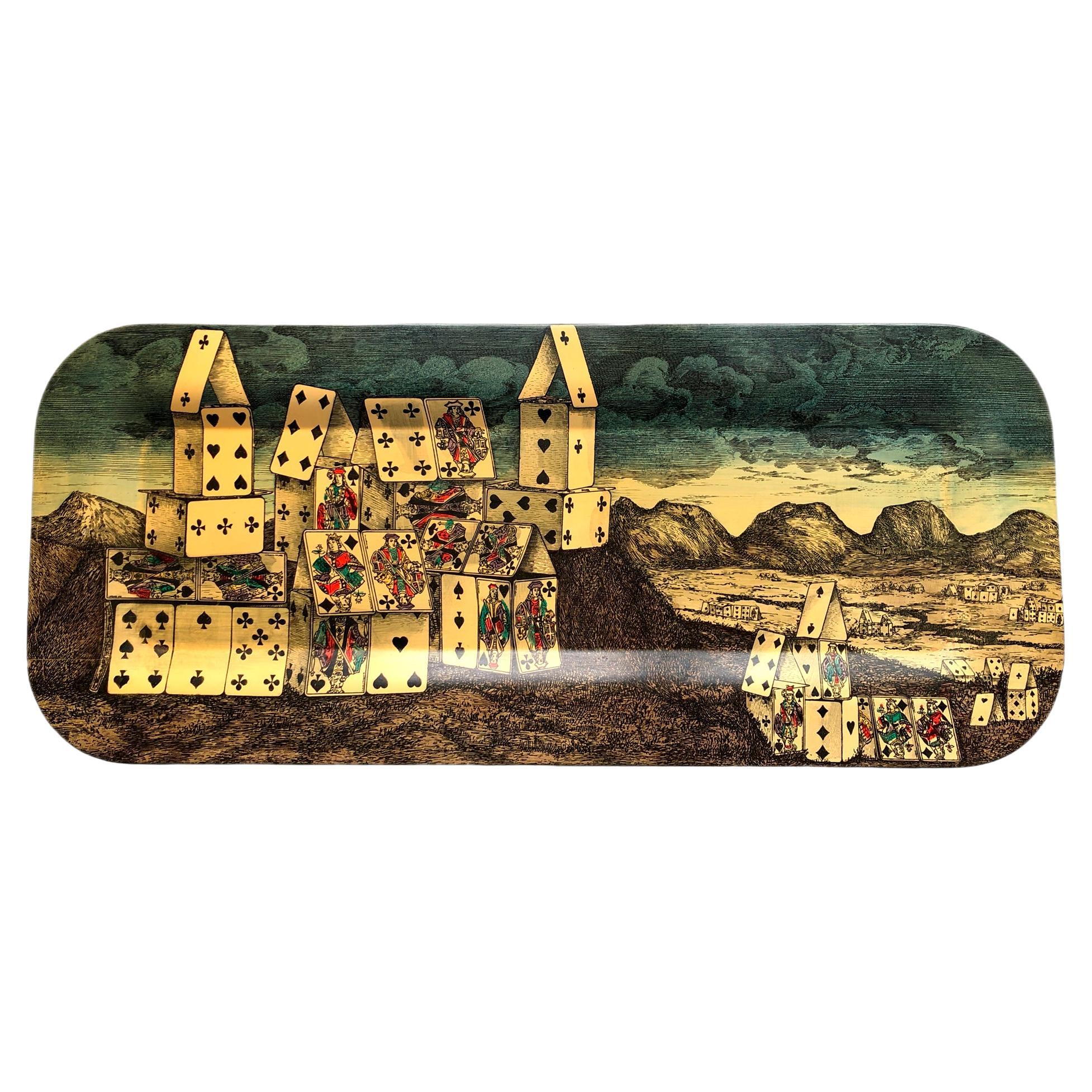 Vintage, rare Piero Fornasetti Rectangular Tray: Città di Carte. Like all Fornasetti accessories, the tray is handcrafted using original artisan techniques. Lithographed plate and labeled. This tray is silk-screened by hand, painted by hand and