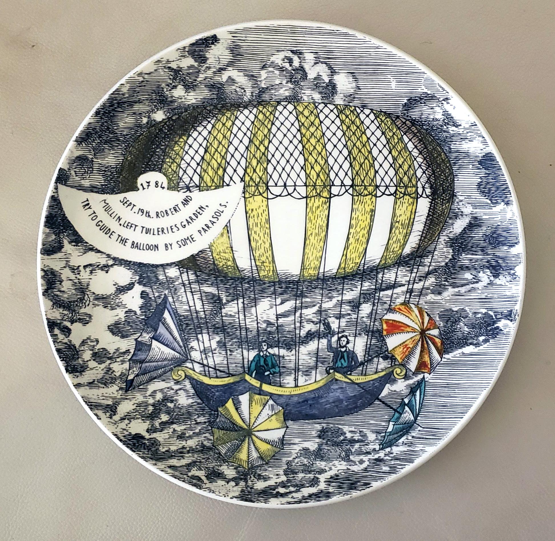 Vintage Piero Fornasetti Set of Six Plates, Mongolfiere Hot Air Balloon Design 2