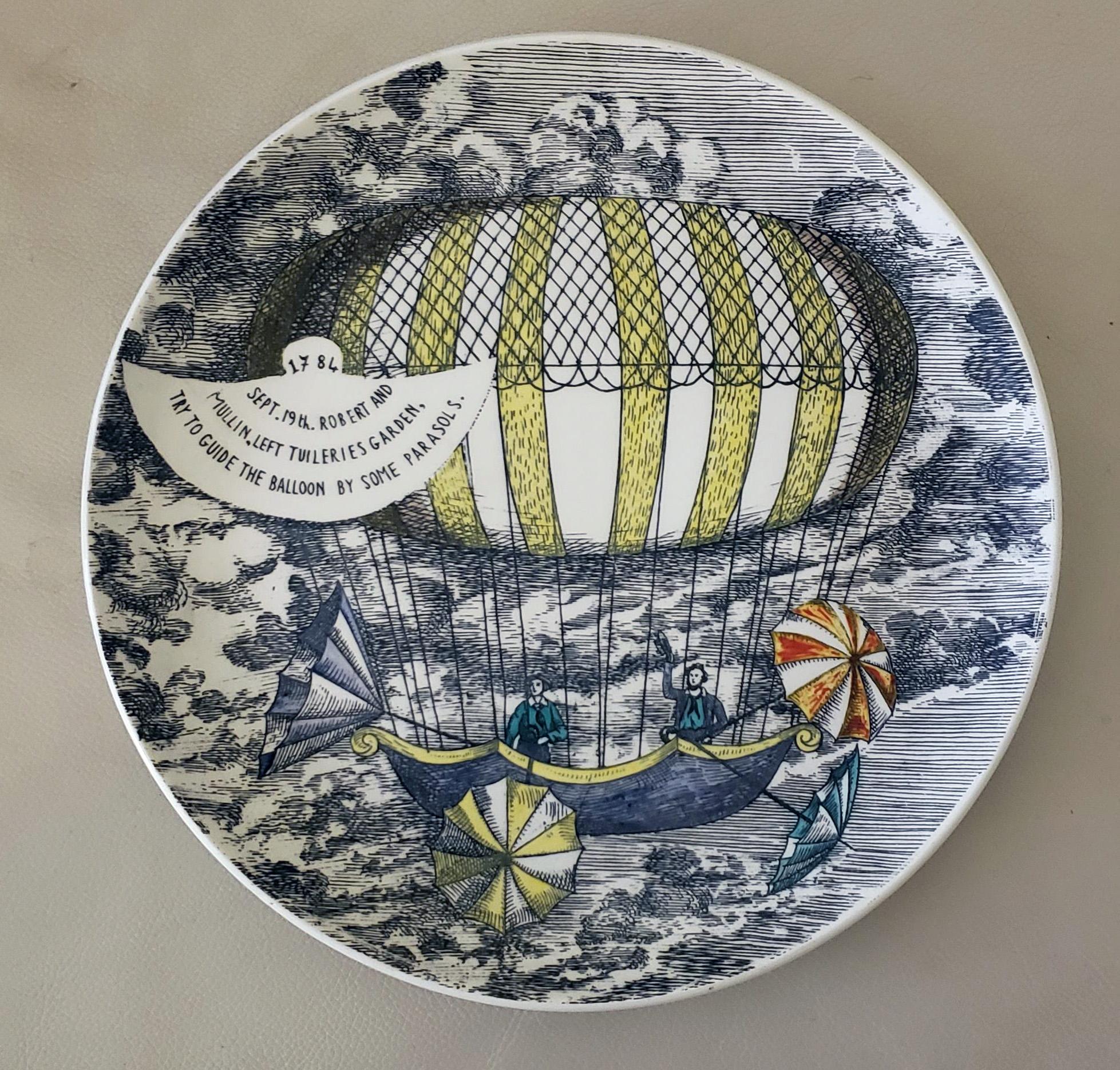 Vintage Piero Fornasetti Set of Six Plates, Mongolfiere Hot Air Balloon Design 3