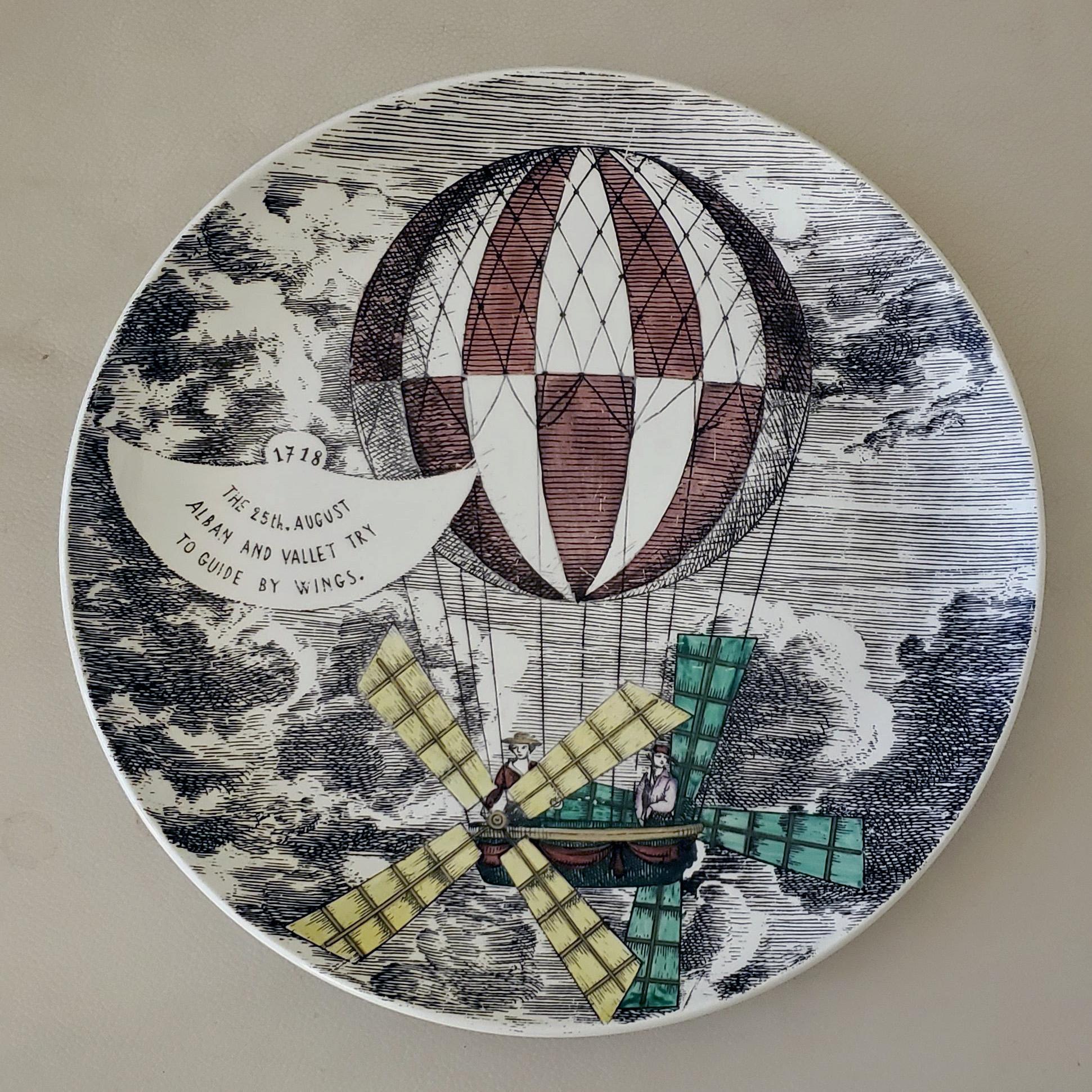 Vintage Piero Fornasetti Set of Six Plates, Mongolfiere Hot Air Balloon Design 6