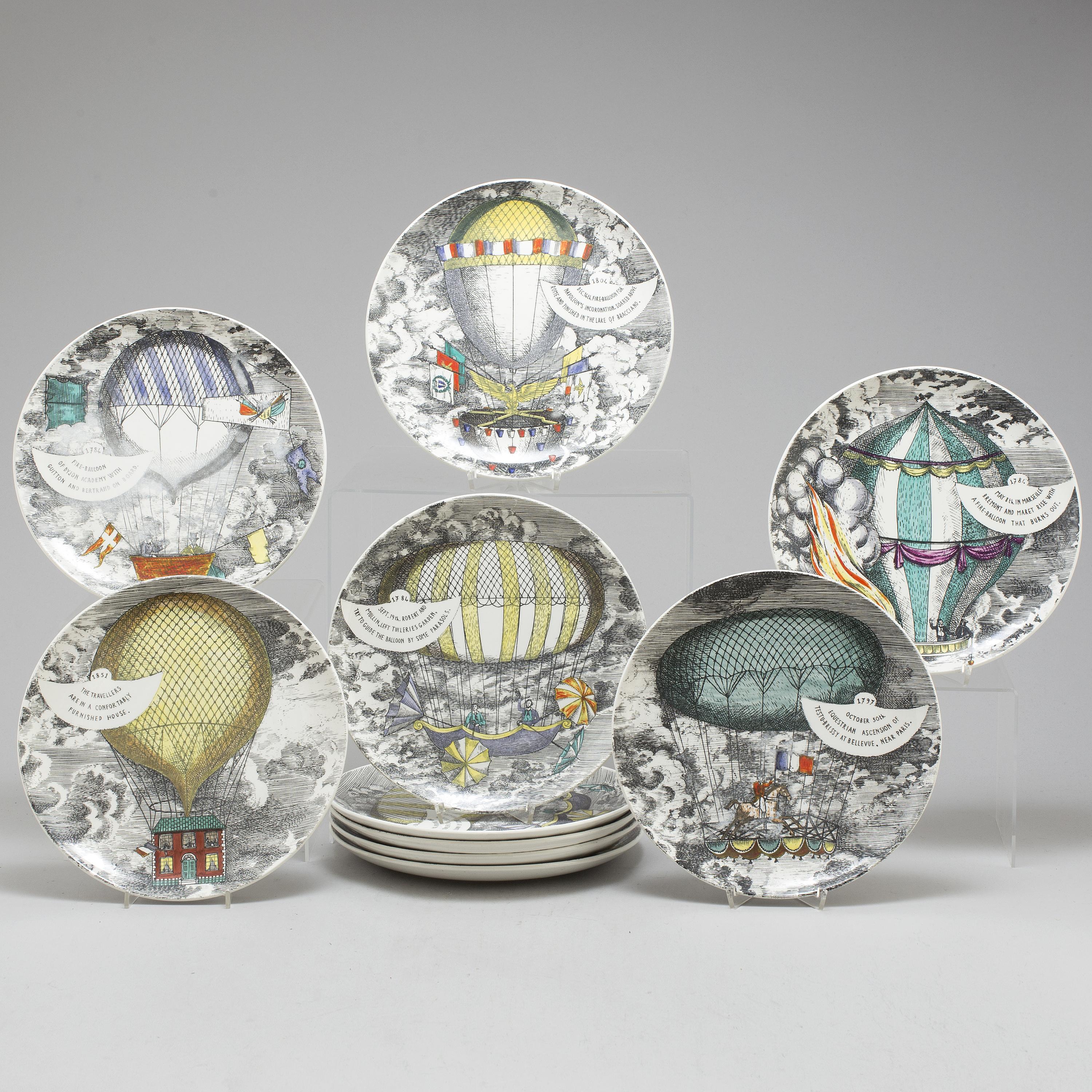 Vintage Piero Fornasetti set of six plates, (Ten in all available), 
Mongolfiere (hot air) design.

The large Piero Fornasetti plates depicting a large hot air balloon with a panel describing the image. 

Dimensions: 10 inches x 3/4
