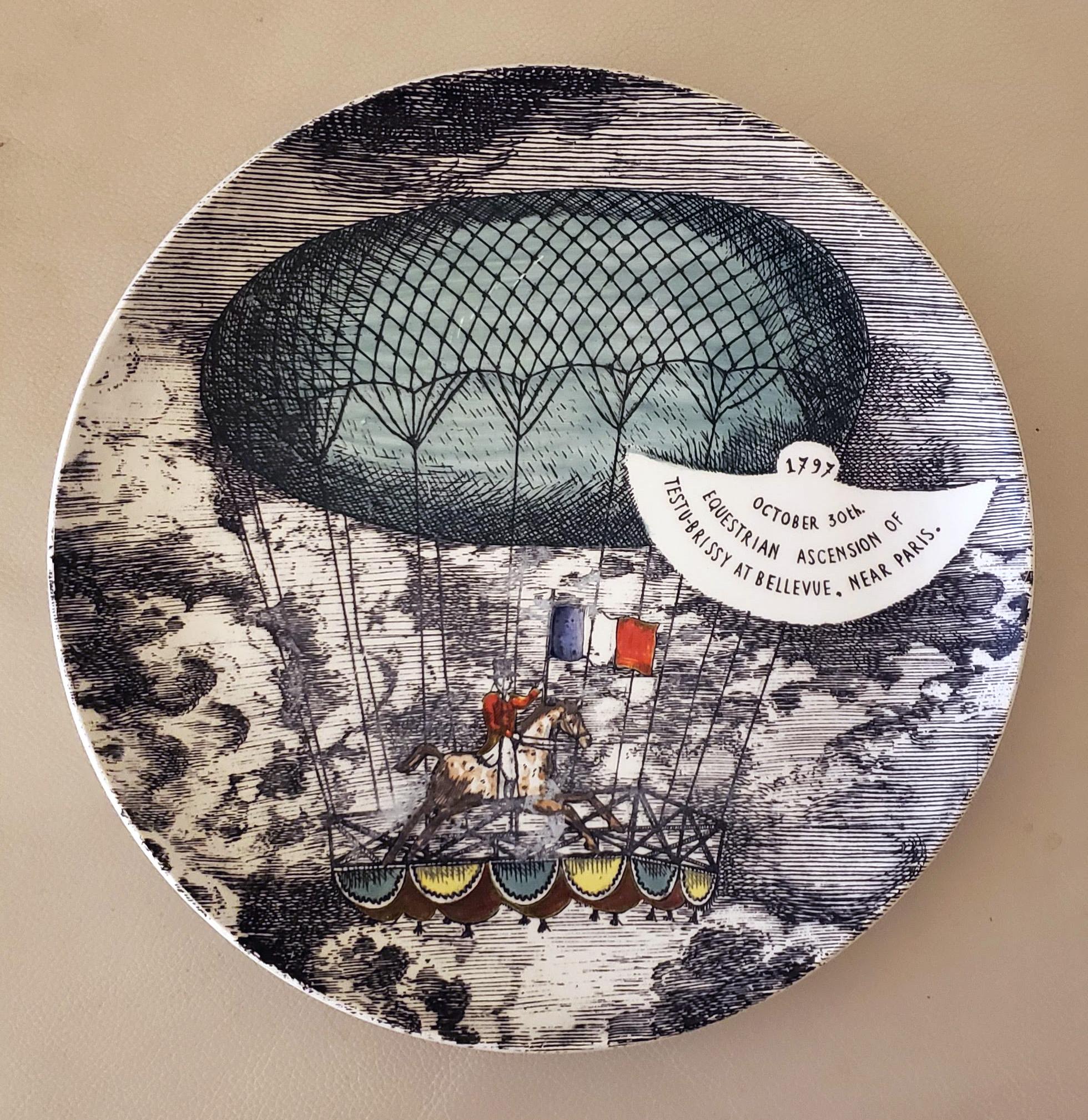 Italian Vintage Piero Fornasetti Set of Six Plates, Mongolfiere Hot Air Balloon Design