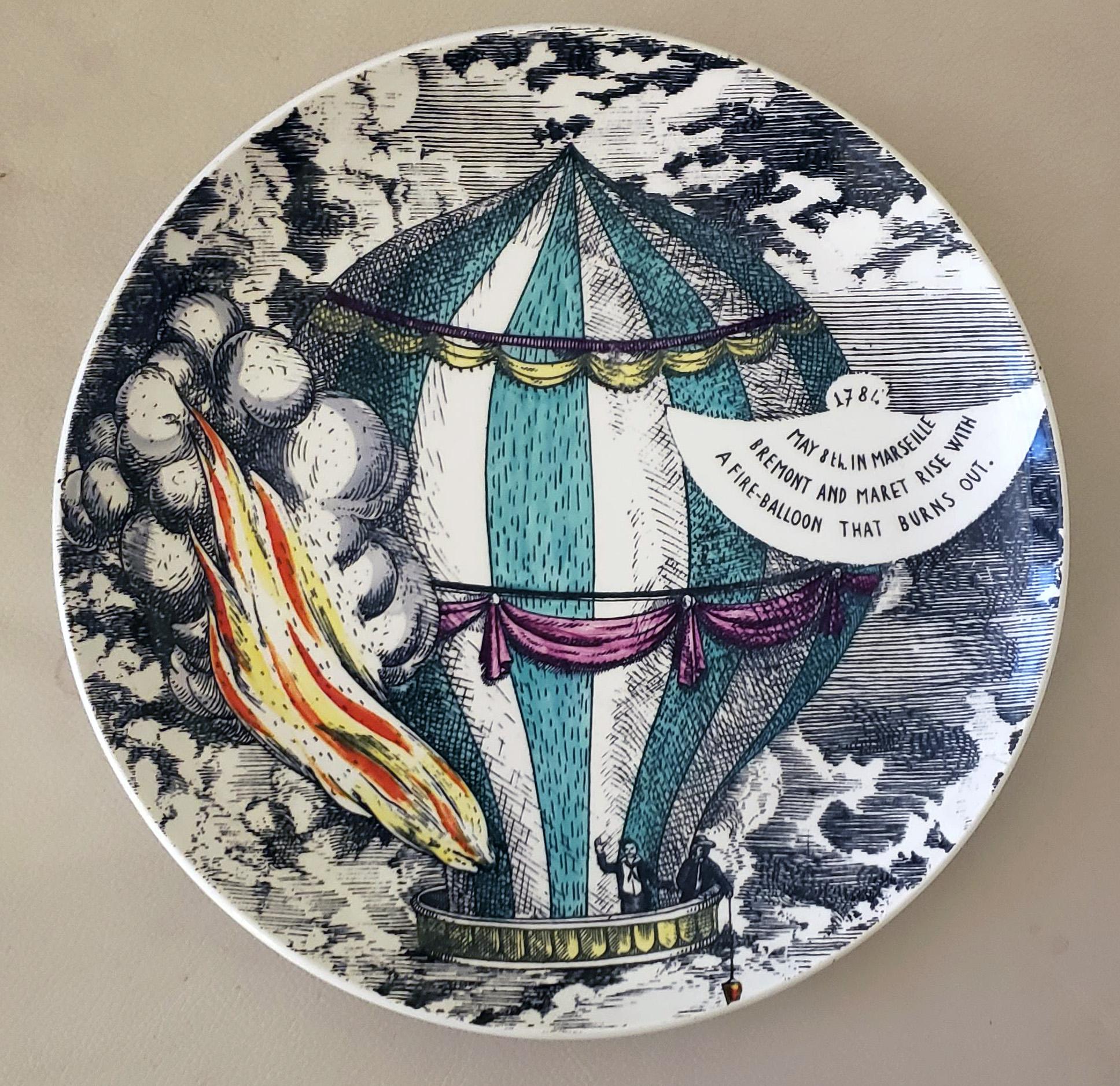 20th Century Vintage Piero Fornasetti Set of Six Plates, Mongolfiere Hot Air Balloon Design