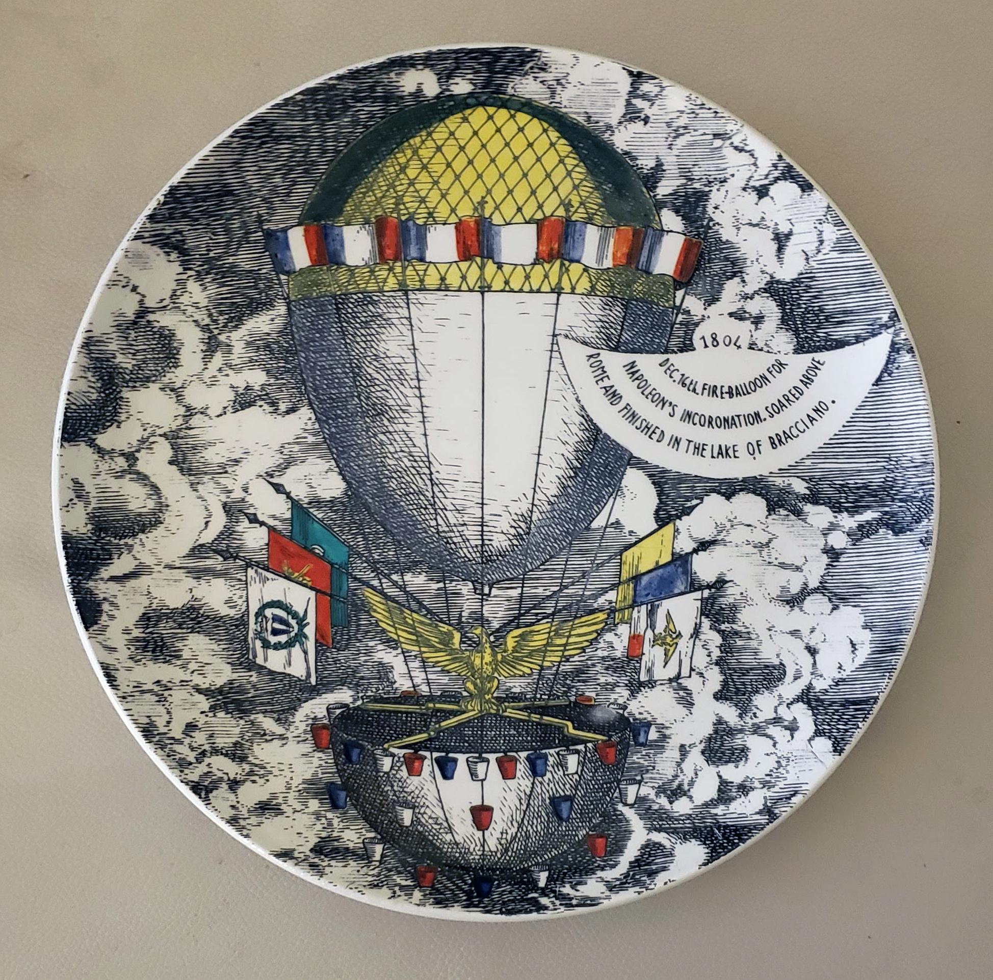 Ceramic Vintage Piero Fornasetti Set of Six Plates, Mongolfiere Hot Air Balloon Design