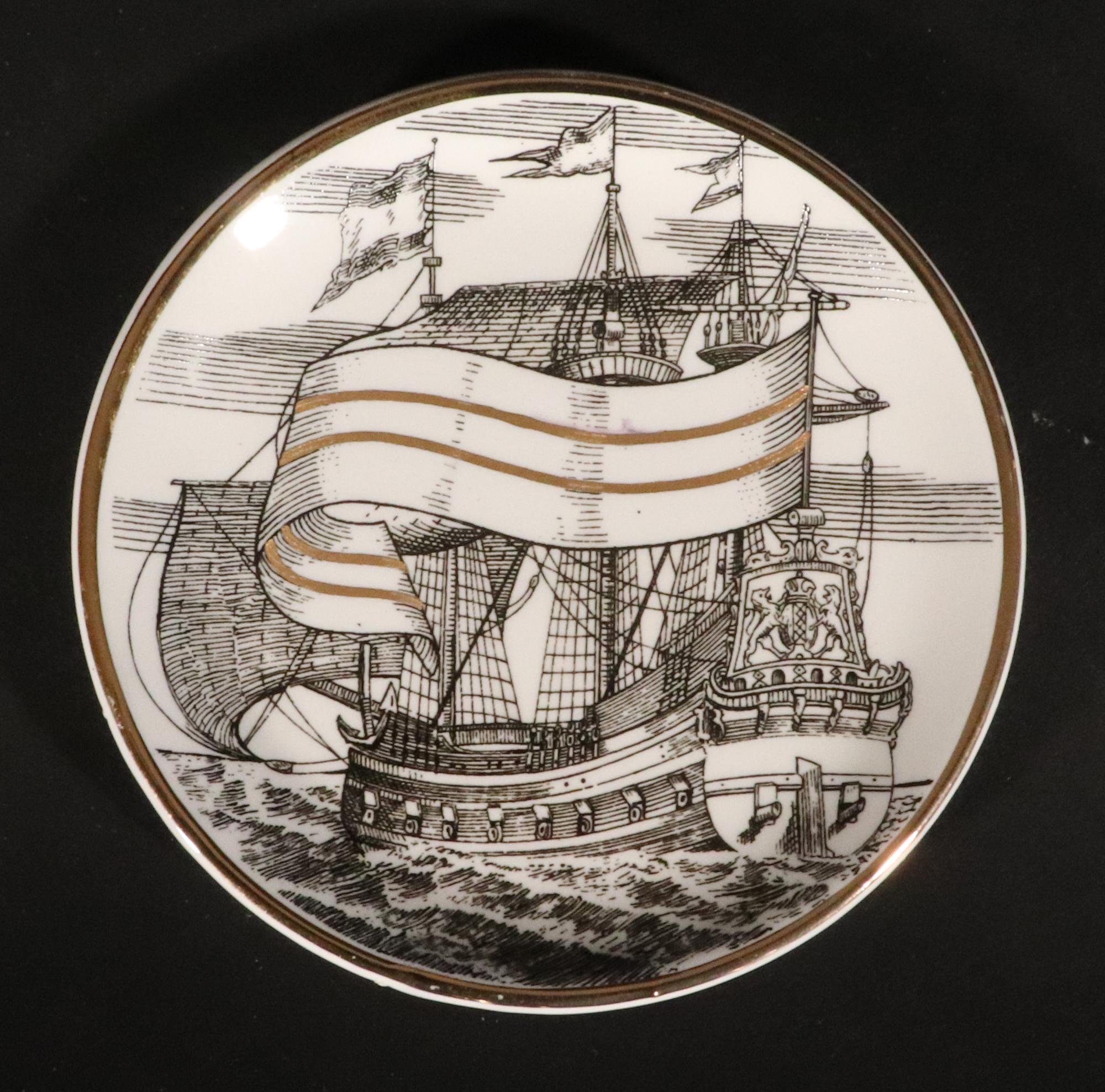 Vintage Piero Fornasetti Tall Ship Ceramic Coasters with Box, Velieri Pattern For Sale 4