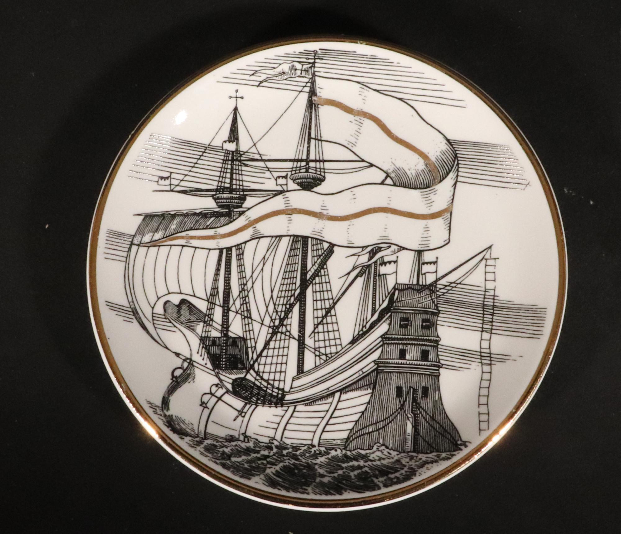 Vintage Piero Fornasetti Tall Ship Ceramic Coasters with Box, Velieri Pattern For Sale 5
