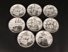 Vintage Piero Fornasetti Tall Ship Ceramic Coasters with Box, Velieri Pattern