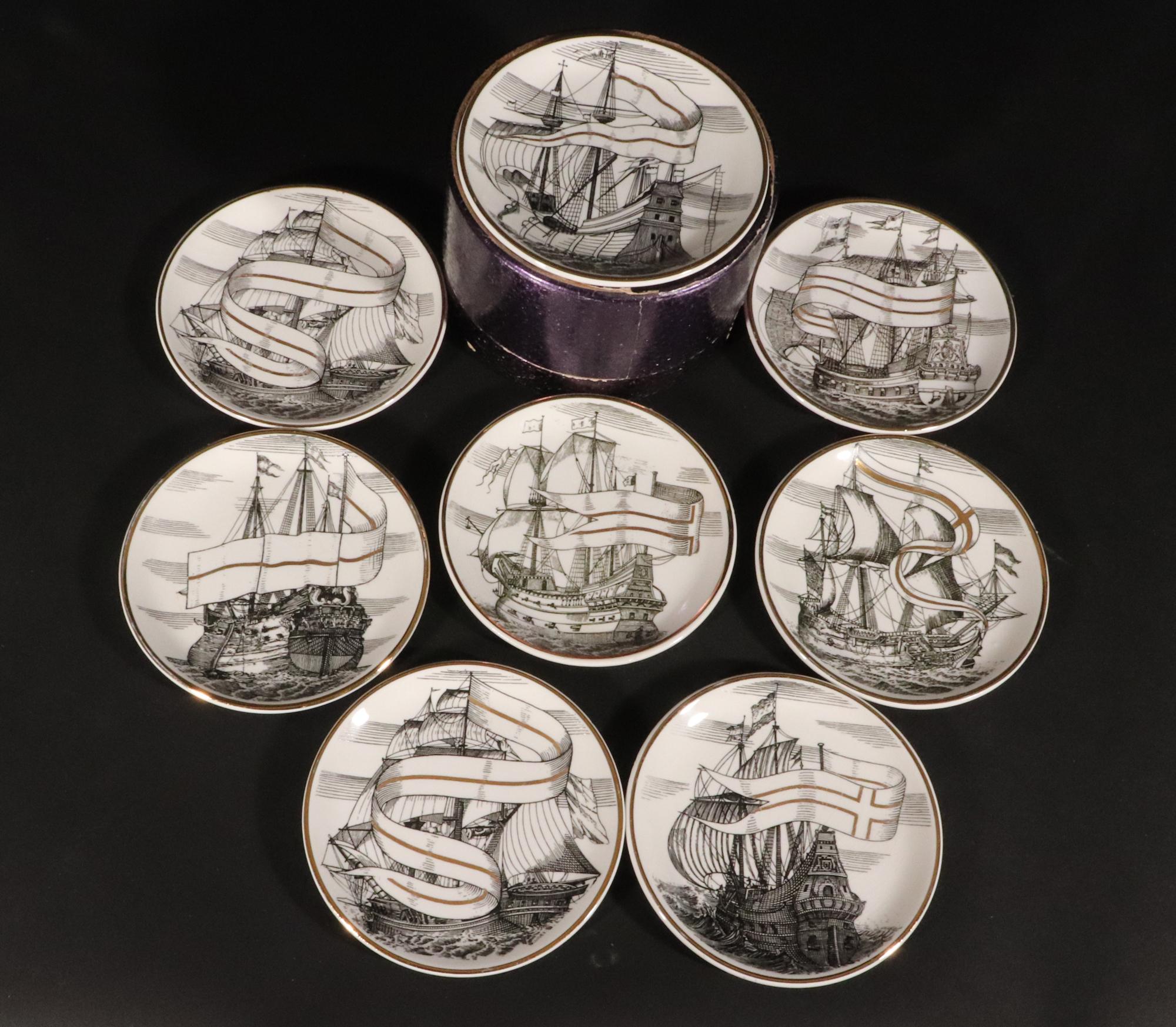 Mid-Century Modern Vintage Piero Fornasetti Tall Ship Ceramic Coasters with Box, Velieri Pattern For Sale