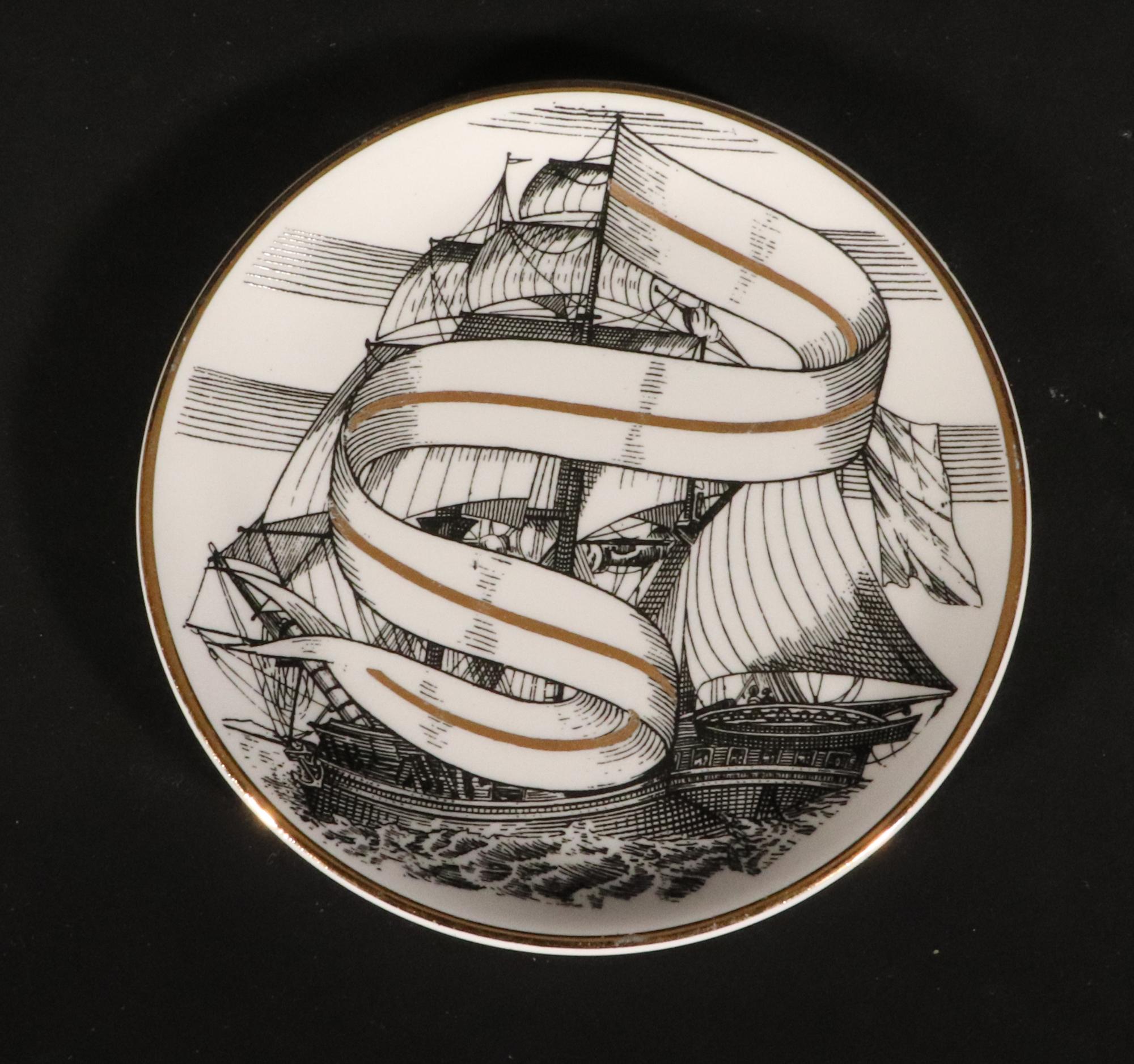 Italian Vintage Piero Fornasetti Tall Ship Ceramic Coasters with Box, Velieri Pattern For Sale