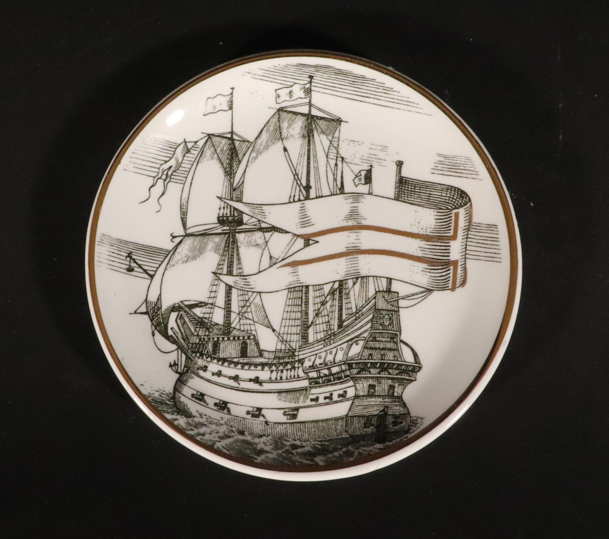Vintage Piero Fornasetti Tall Ship Ceramic Coasters with Box, Velieri Pattern In Good Condition For Sale In Downingtown, PA