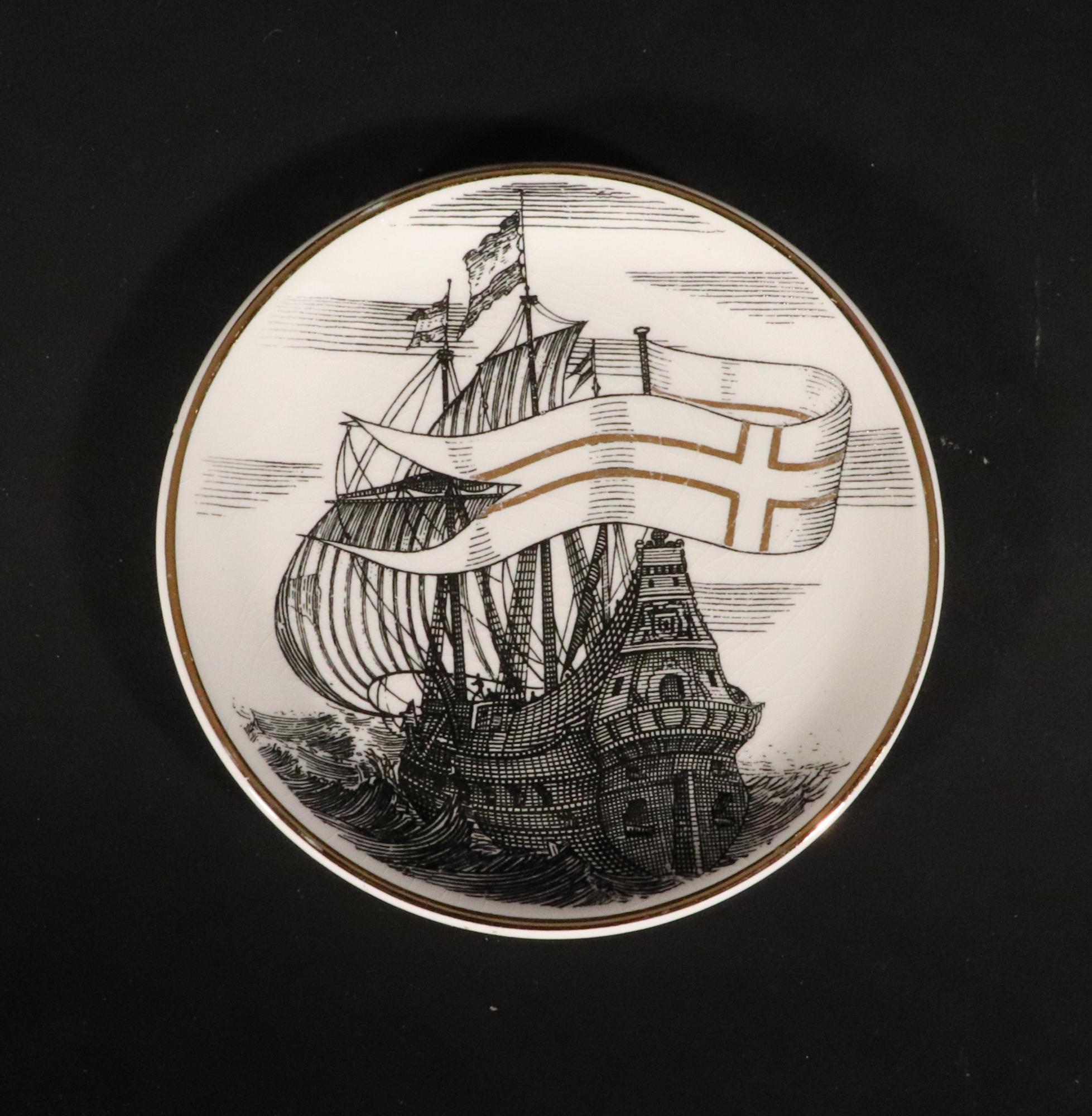 Mid-20th Century Vintage Piero Fornasetti Tall Ship Ceramic Coasters with Box, Velieri Pattern For Sale