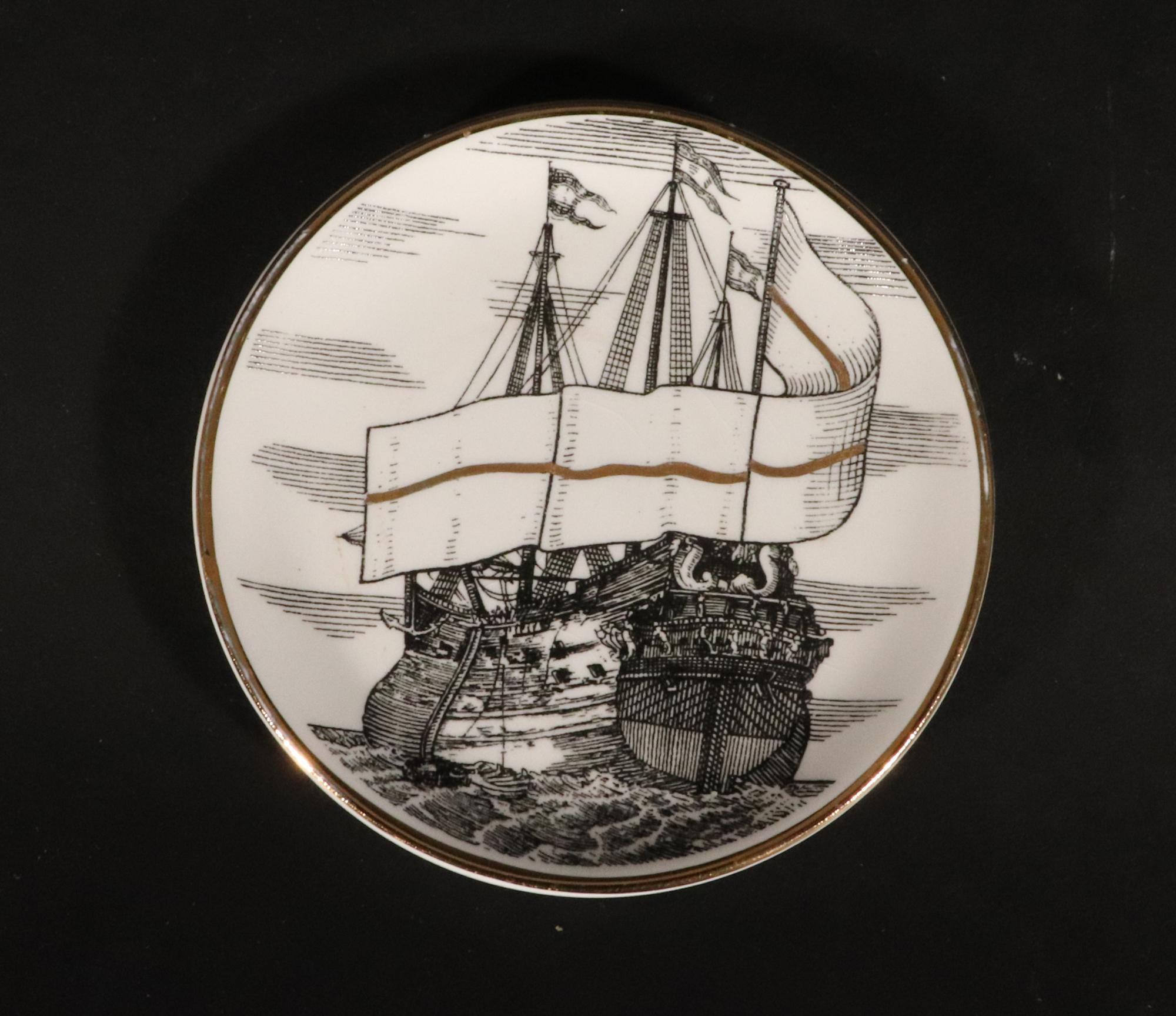 Vintage Piero Fornasetti Tall Ship Ceramic Coasters with Box, Velieri Pattern For Sale 1
