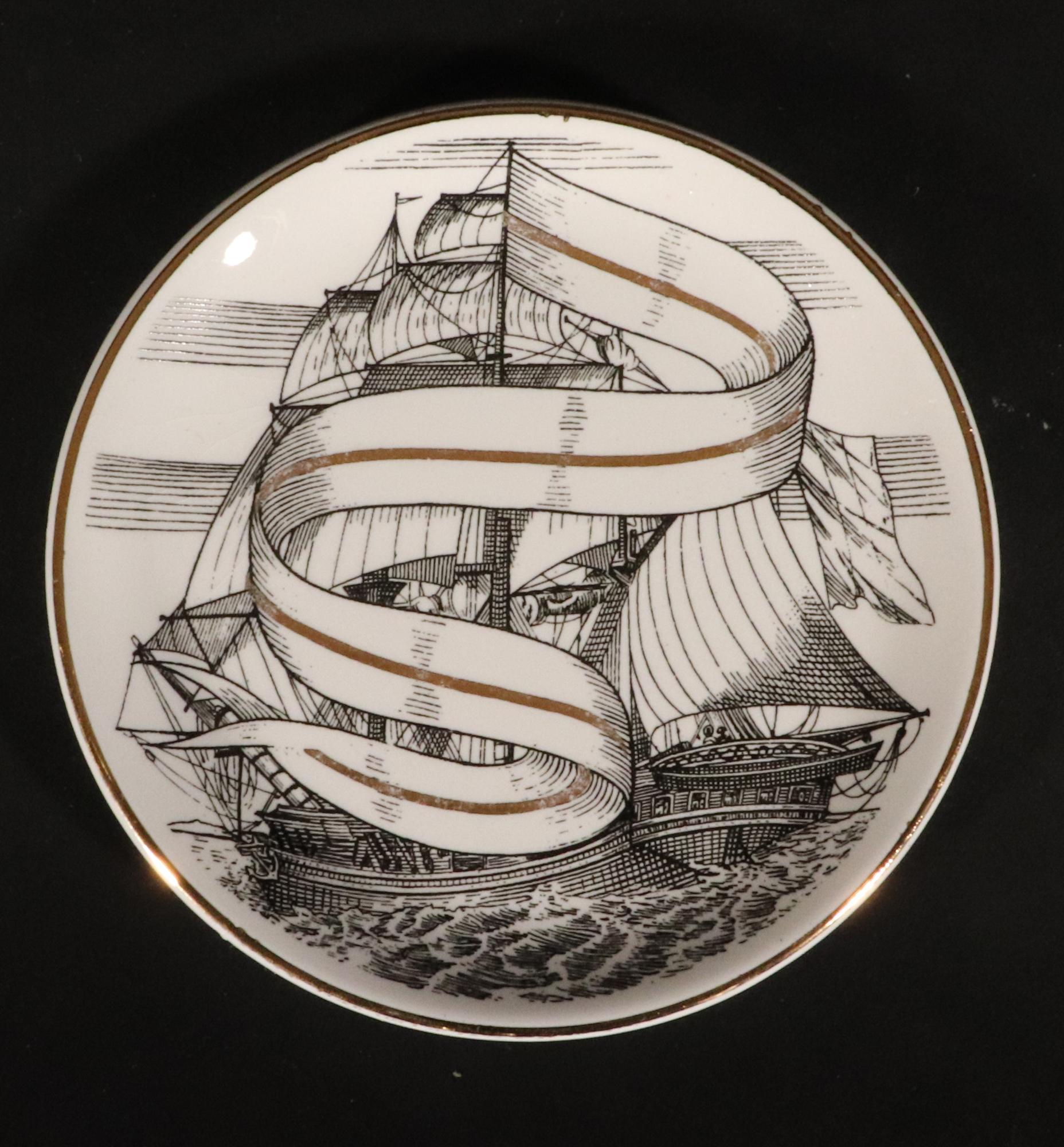 Vintage Piero Fornasetti Tall Ship Ceramic Coasters with Box, Velieri Pattern For Sale 2