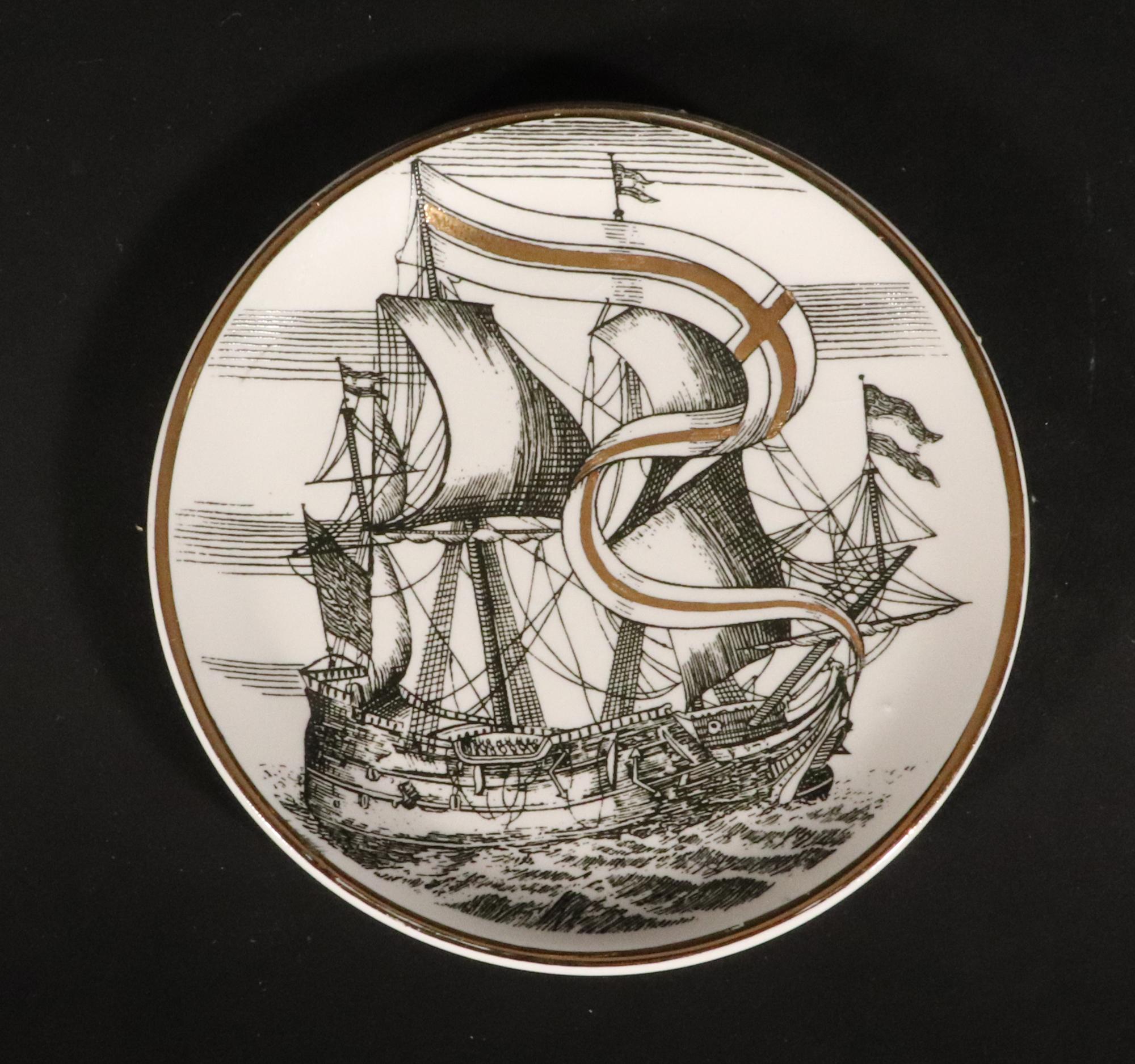 Vintage Piero Fornasetti Tall Ship Ceramic Coasters with Box, Velieri Pattern For Sale 3