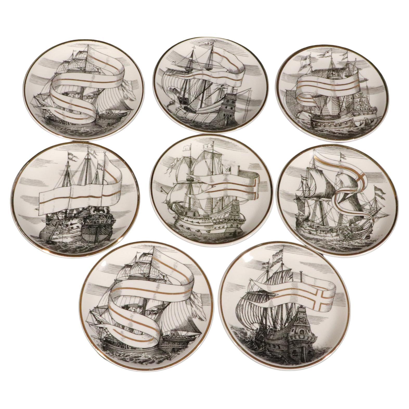 Sottobicchieri in ceramica vintage Piero Fornasetti Tall Ship con scatola, motivo Velieri