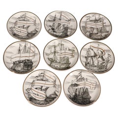 Vintage Piero Fornasetti Tall Ship Ceramic Coasters with Box, Velieri Pattern