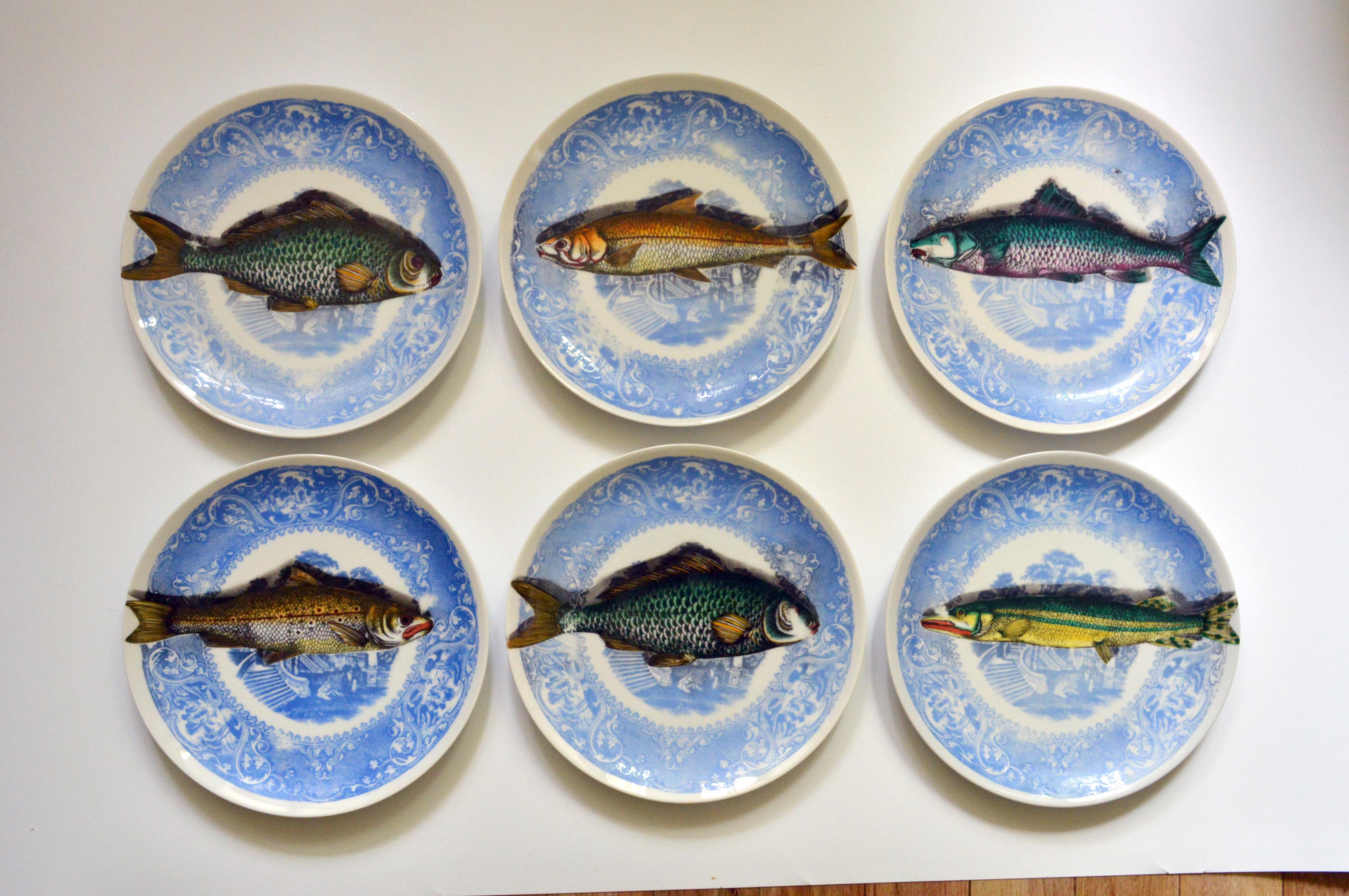 Vintage Piero Fornasetti Trompe L'oeil Set of Piscibus Plates- Set of Six. 1