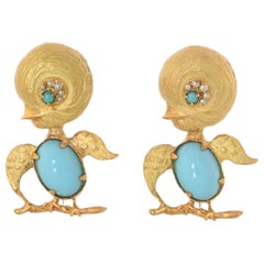 Coppia di spille vintage Piero Milano, oro giallo 18 carati, turchesi cabochon