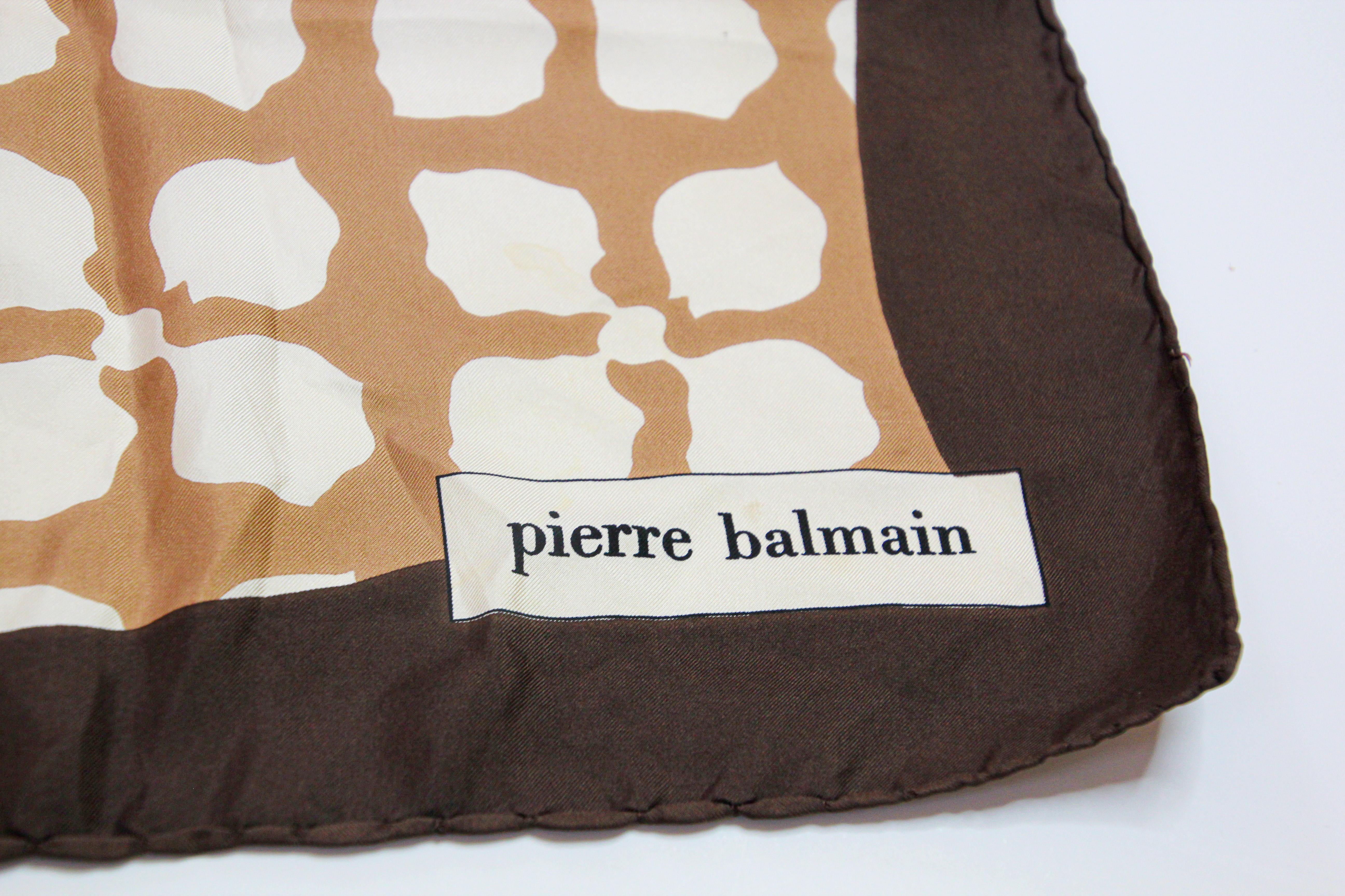 Vintage Pierre Balmain Paris Brown Silk Scarf In Good Condition In North Hollywood, CA