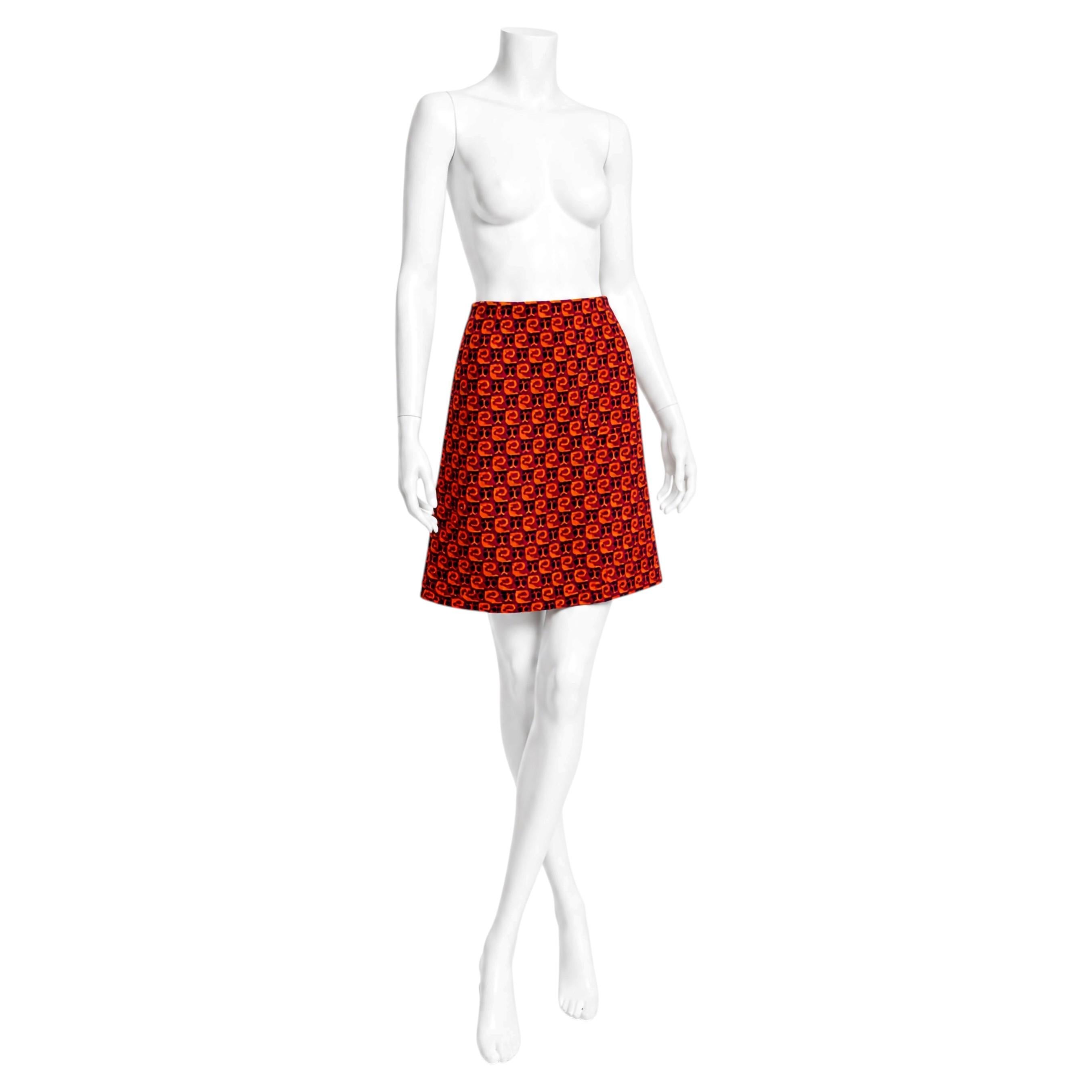 Vintage Pierre Cardin 1970s Acrylic Logo Jacquard Knit A-Line Mini Skirt Sz 9 For Sale