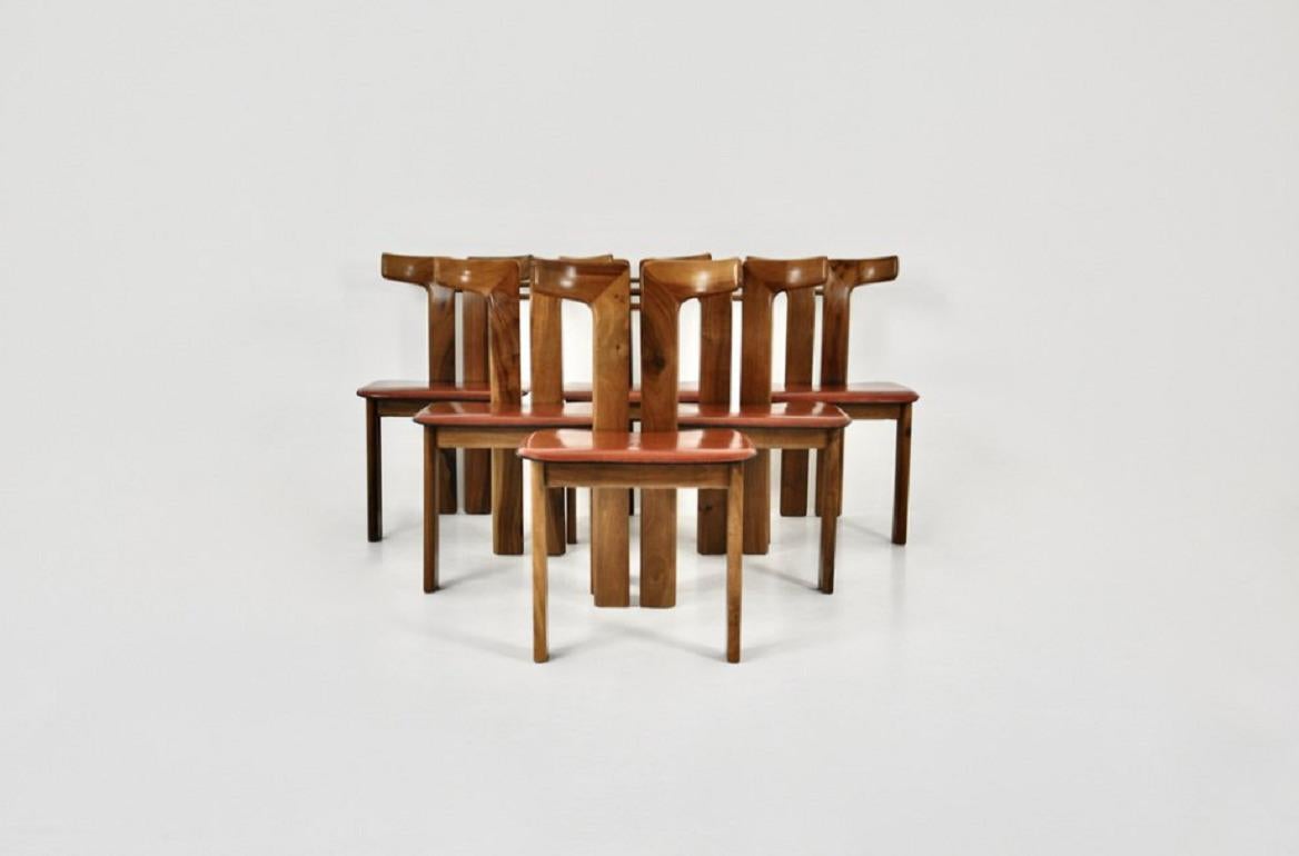 Italian Pierre Cardin 6 Dining Chairs Chaises in Walnut and Leather  France