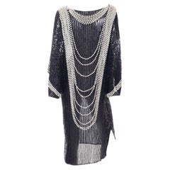 Vintage Pierre Cardin Attr Black Beaded Evening Dress w Draped Pearls