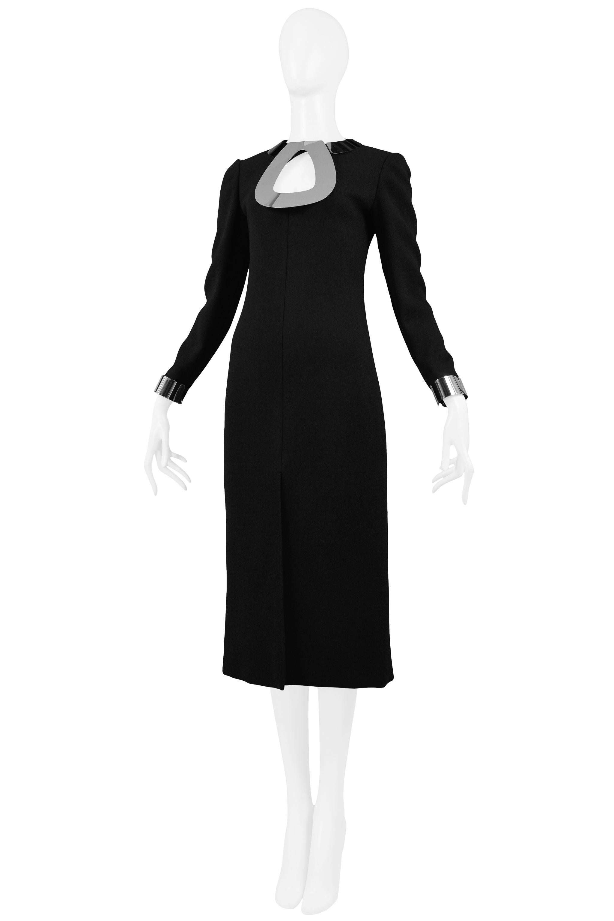 Black Vintage Pierre Cardin Chrome Metal Necklace Dress with Metal Cuffs 1968 For Sale