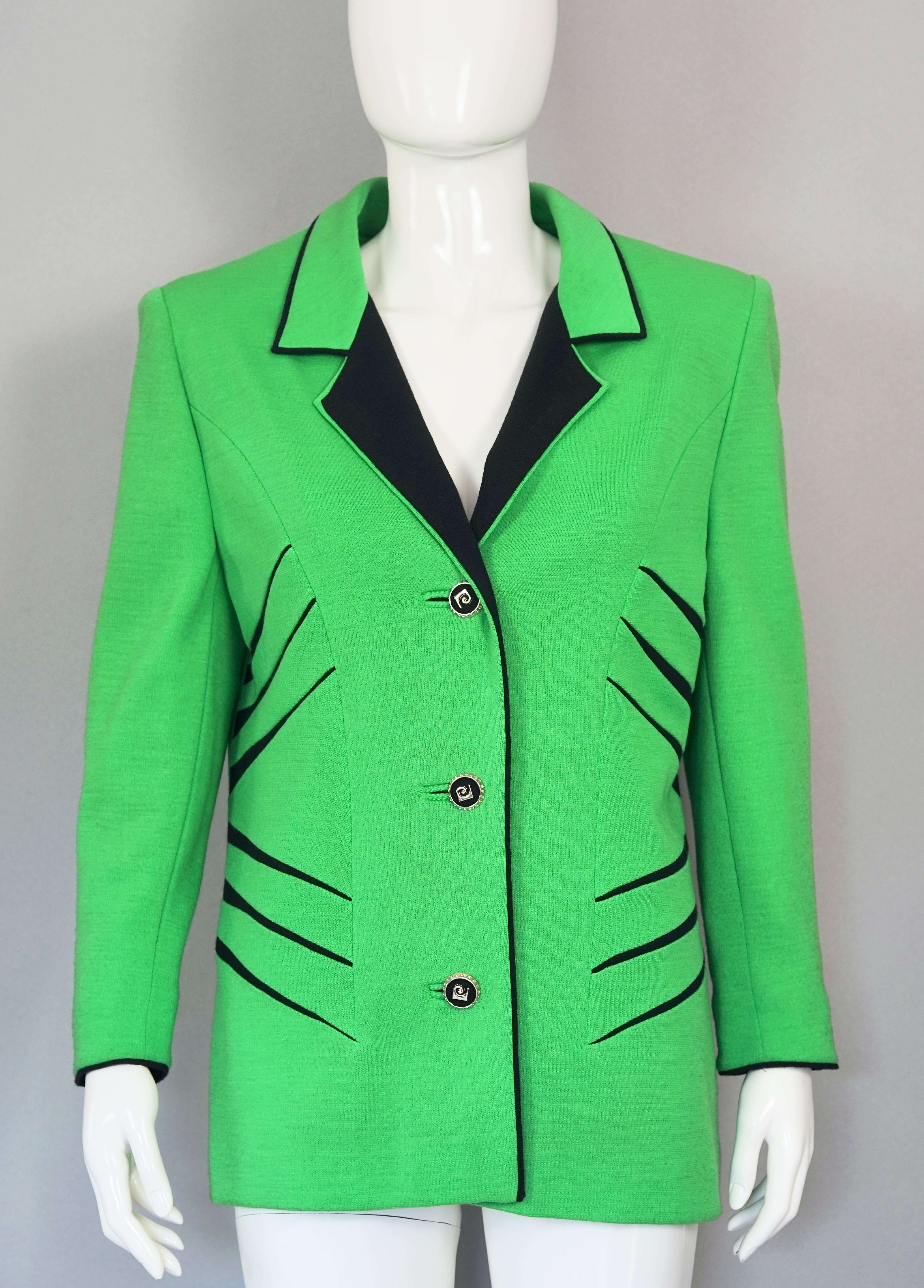 Vintage PIERRE CARDIN Futuristic Green Black Contrast Jacket
From 1997-1998 Autumn/ Winter Collection

Measurements taken laid flat, double bust and waist:
Shoulder: 16.53 inches (42 cm)
Sleeves: 22.44 inches (57 cm)
Bust: 19.29 inches (49