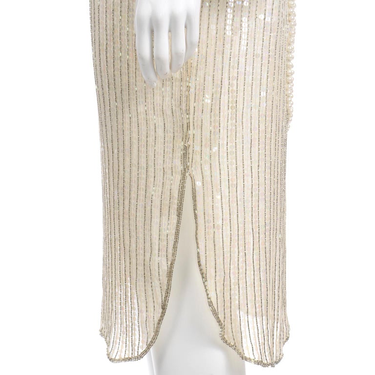 Vintage Pierre Cardin Ivory Silk Beaded Evening Dress w Dramatic Necklace Back For Sale 11