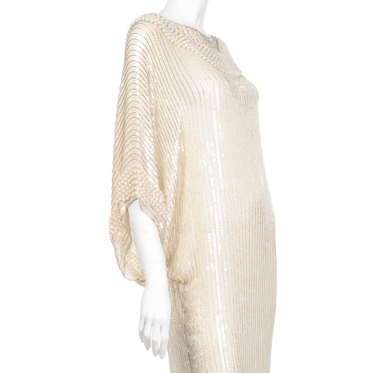 Vintage Pierre Cardin Ivory Silk Beaded Evening Dress w Dramatic Necklace Back For Sale 5