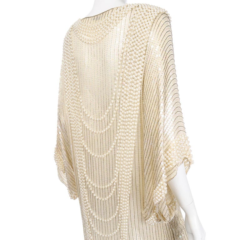 Vintage Pierre Cardin Ivory Silk Beaded Evening Dress w Dramatic Necklace Back For Sale 6