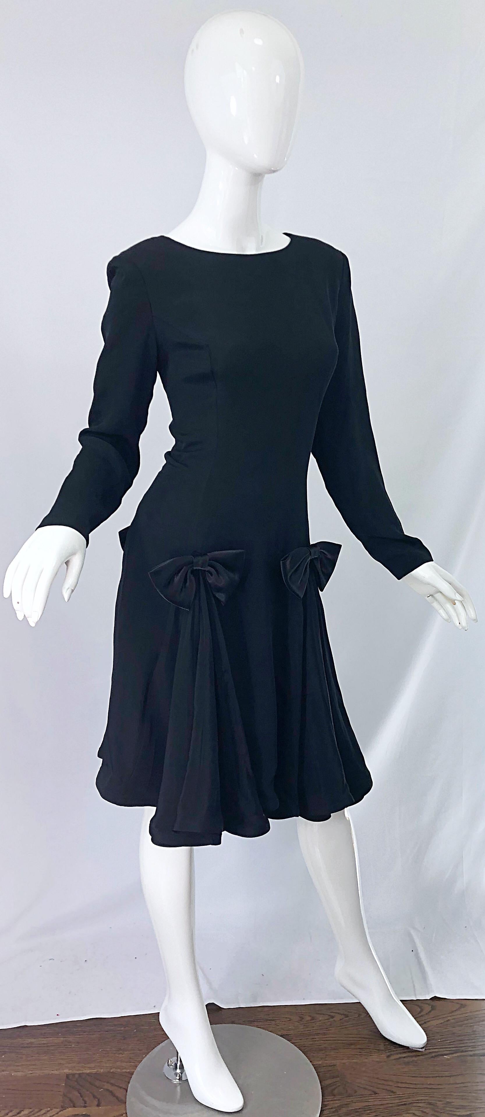 Vintage Pierre Cardin Size 8 Black Silk 1990s Long Sleeve 90s Bow Dress 4