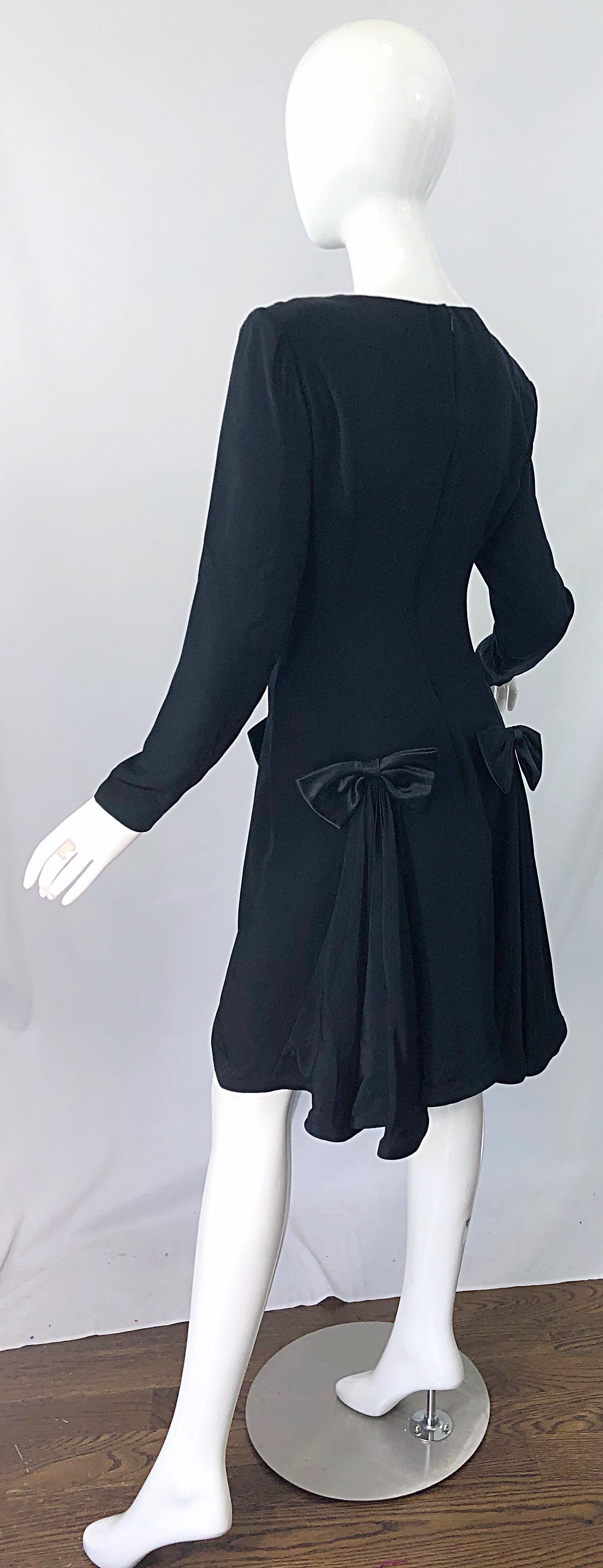 Vintage Pierre Cardin Size 8 Black Silk 1990s Long Sleeve 90s Bow Dress 5