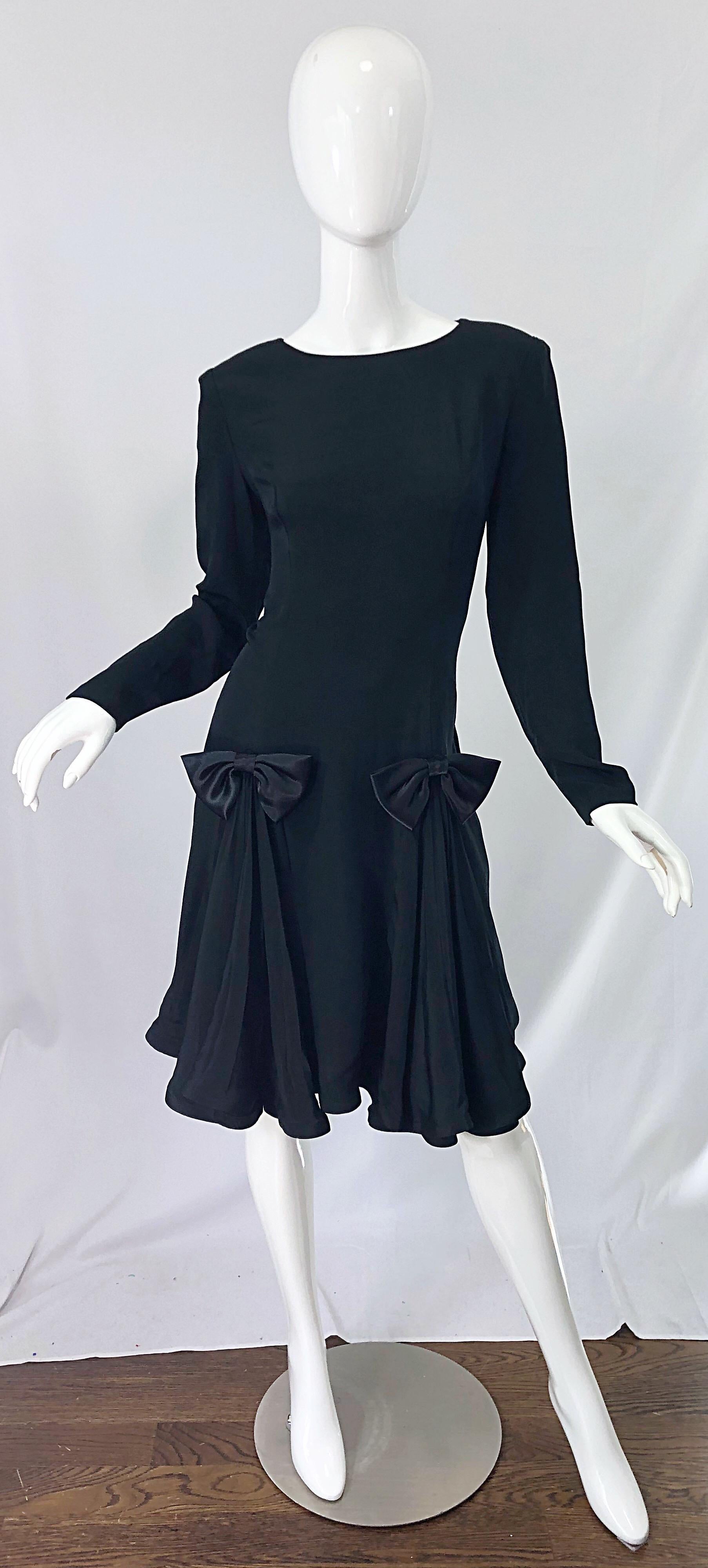 Vintage Pierre Cardin Size 8 Black Silk 1990s Long Sleeve 90s Bow Dress 6
