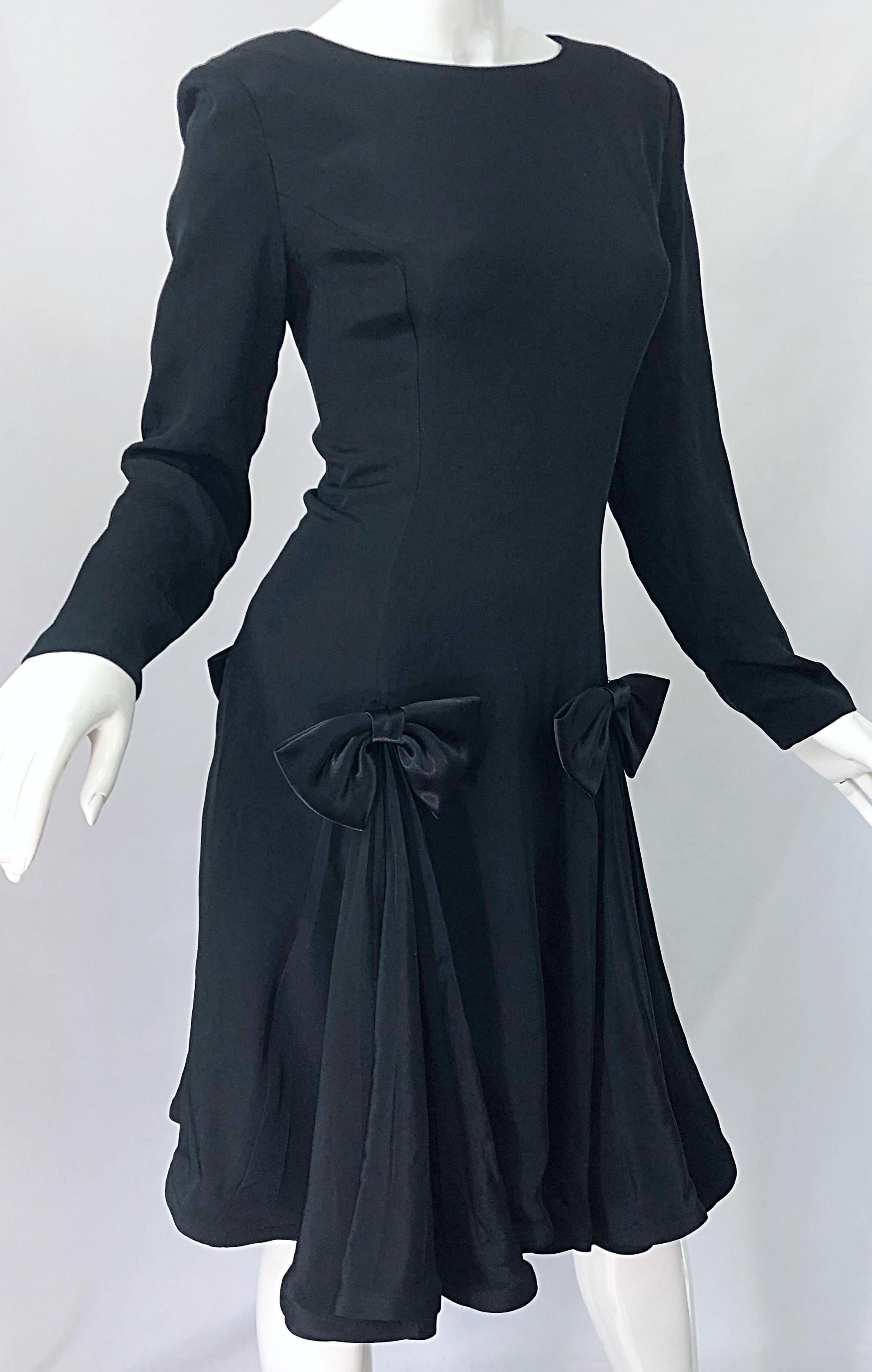 Women's Vintage Pierre Cardin Size 8 Black Silk 1990s Long Sleeve 90s Bow Dress