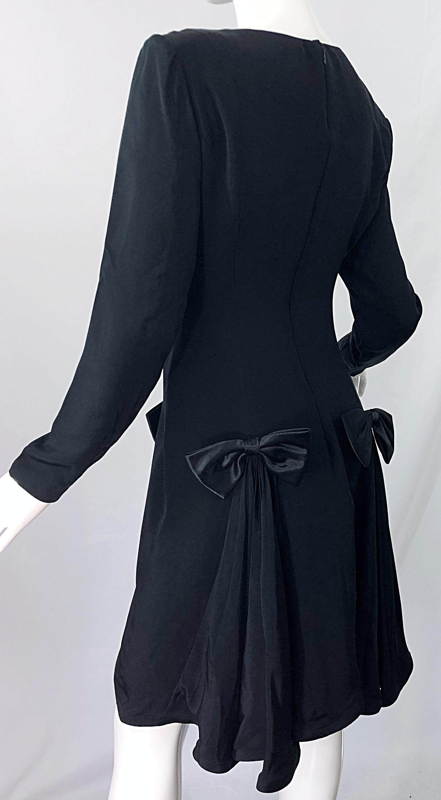 Vintage Pierre Cardin Size 8 Black Silk 1990s Long Sleeve 90s Bow Dress 1