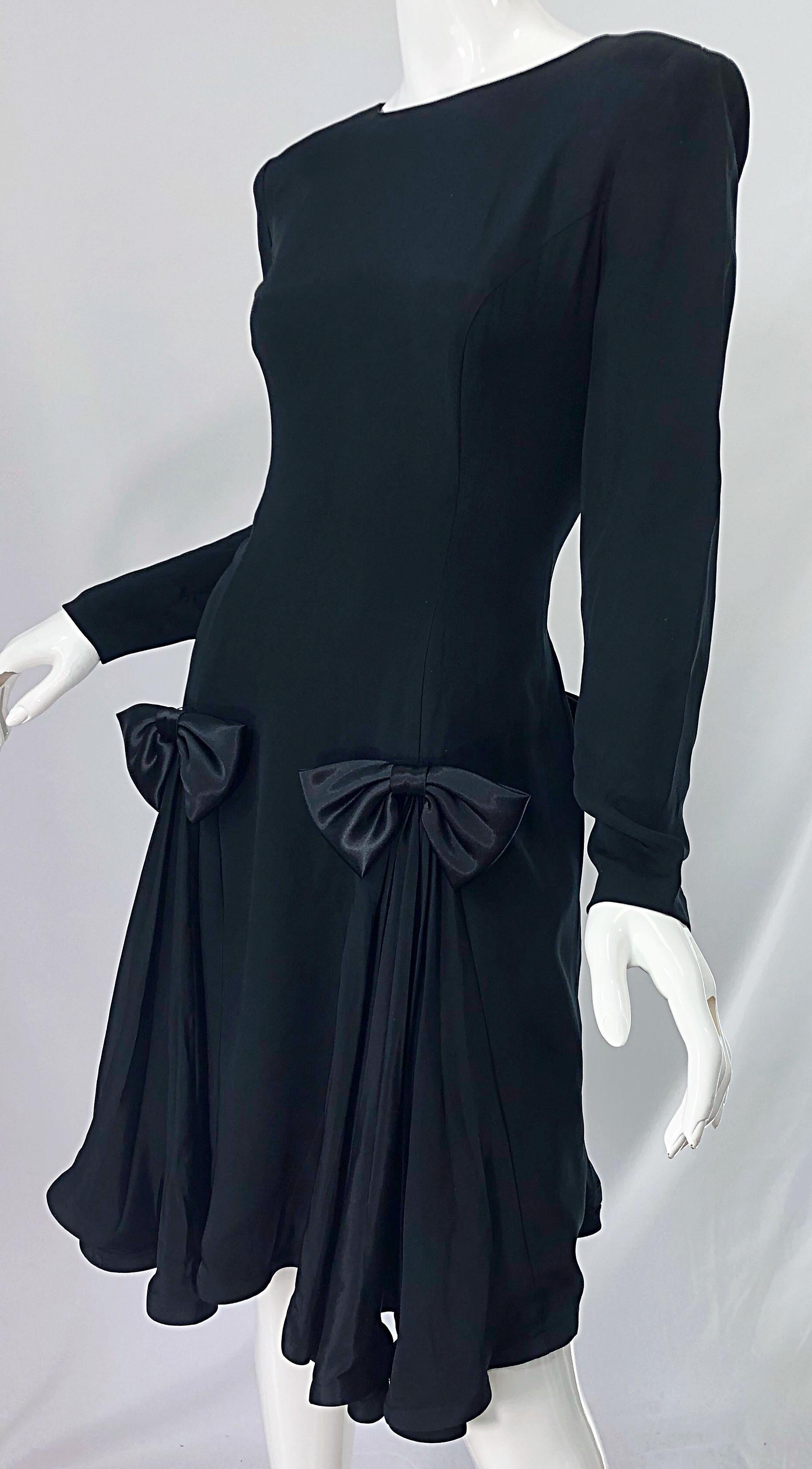 Vintage Pierre Cardin Size 8 Black Silk 1990s Long Sleeve 90s Bow Dress 2