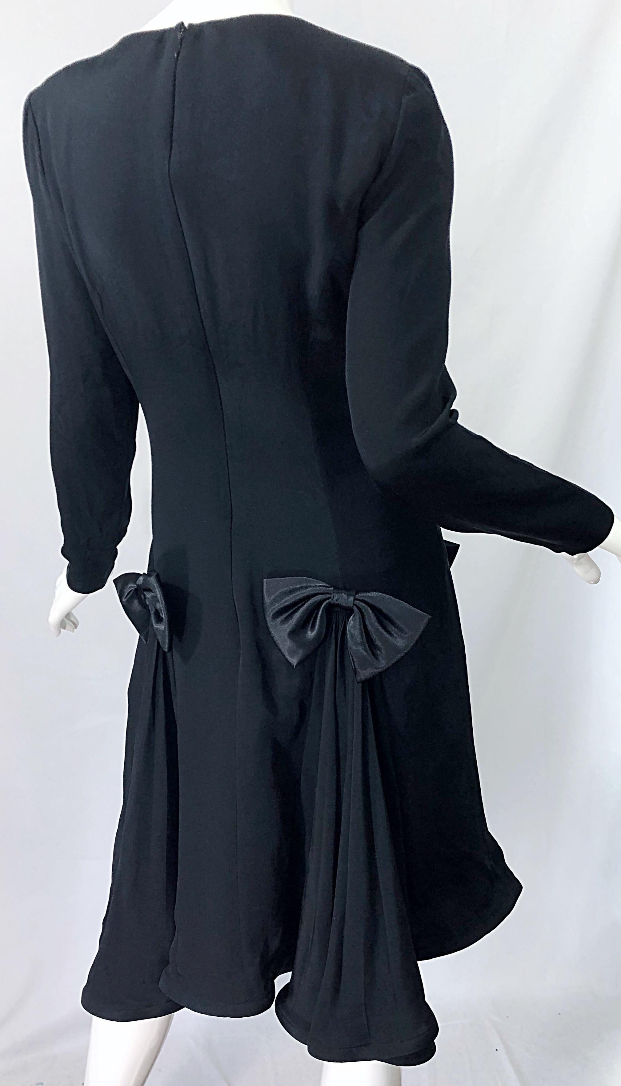 Vintage Pierre Cardin Size 8 Black Silk 1990s Long Sleeve 90s Bow Dress 3