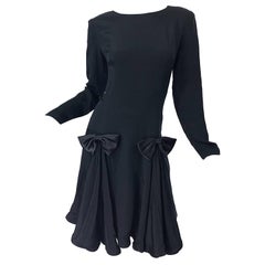 Vintage Pierre Cardin Size 8 Black Silk 1990s Long Sleeve 90s Bow Dress