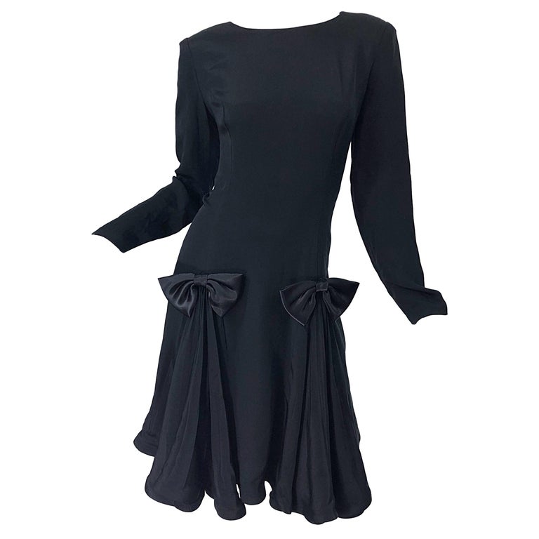 Vintage Pierre Cardin Size 8 Black Silk 1990s Long Sleeve 90s Bow Dress ...