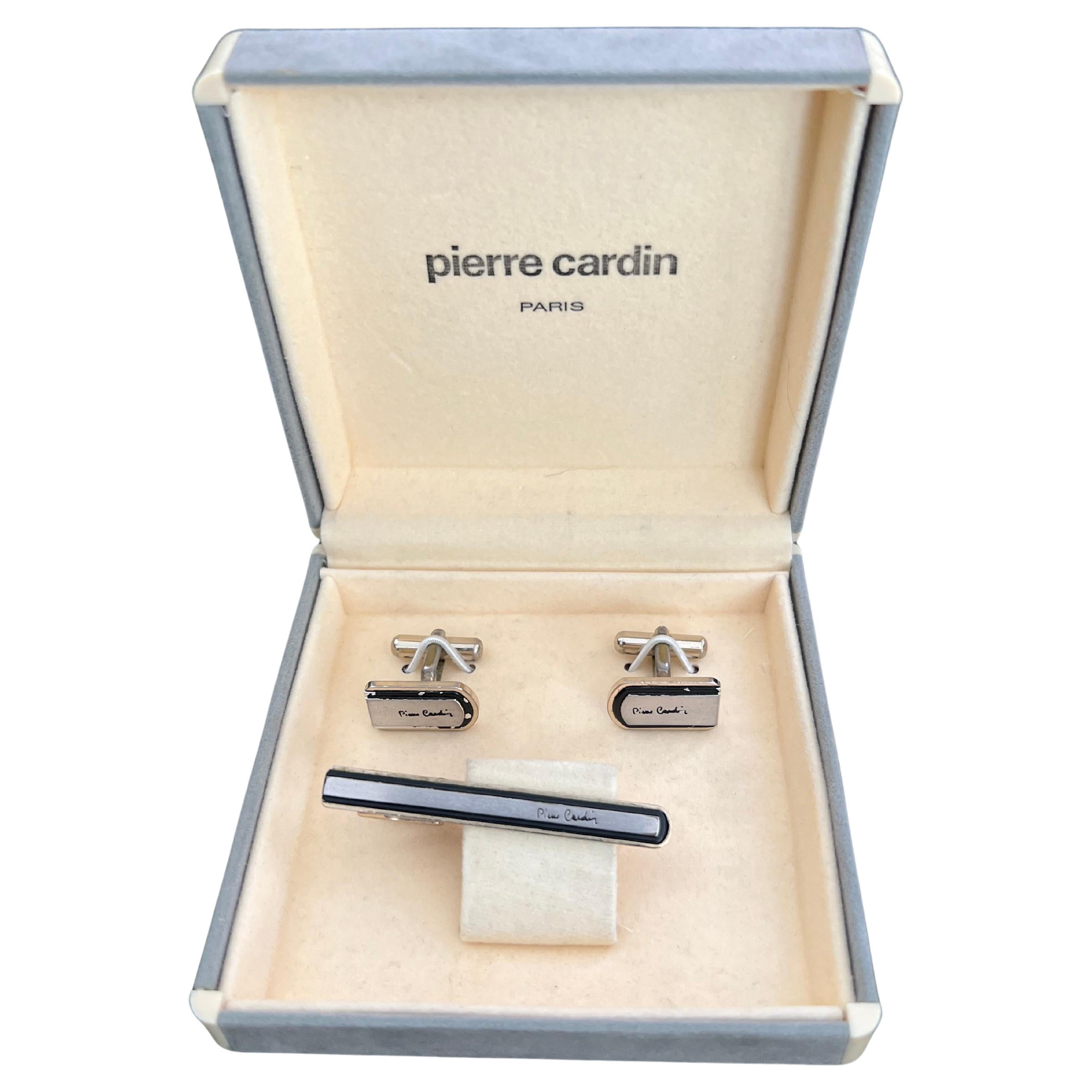 Vintage PIERRE CARDIN Steel Cufflinks & Tie Clip With Original  Case Circa 1970