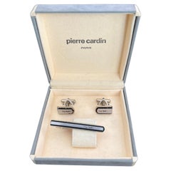 Vintage PIERRE CARDIN Steel Cufflinks & Tie Clip With Original  Case Circa 1970