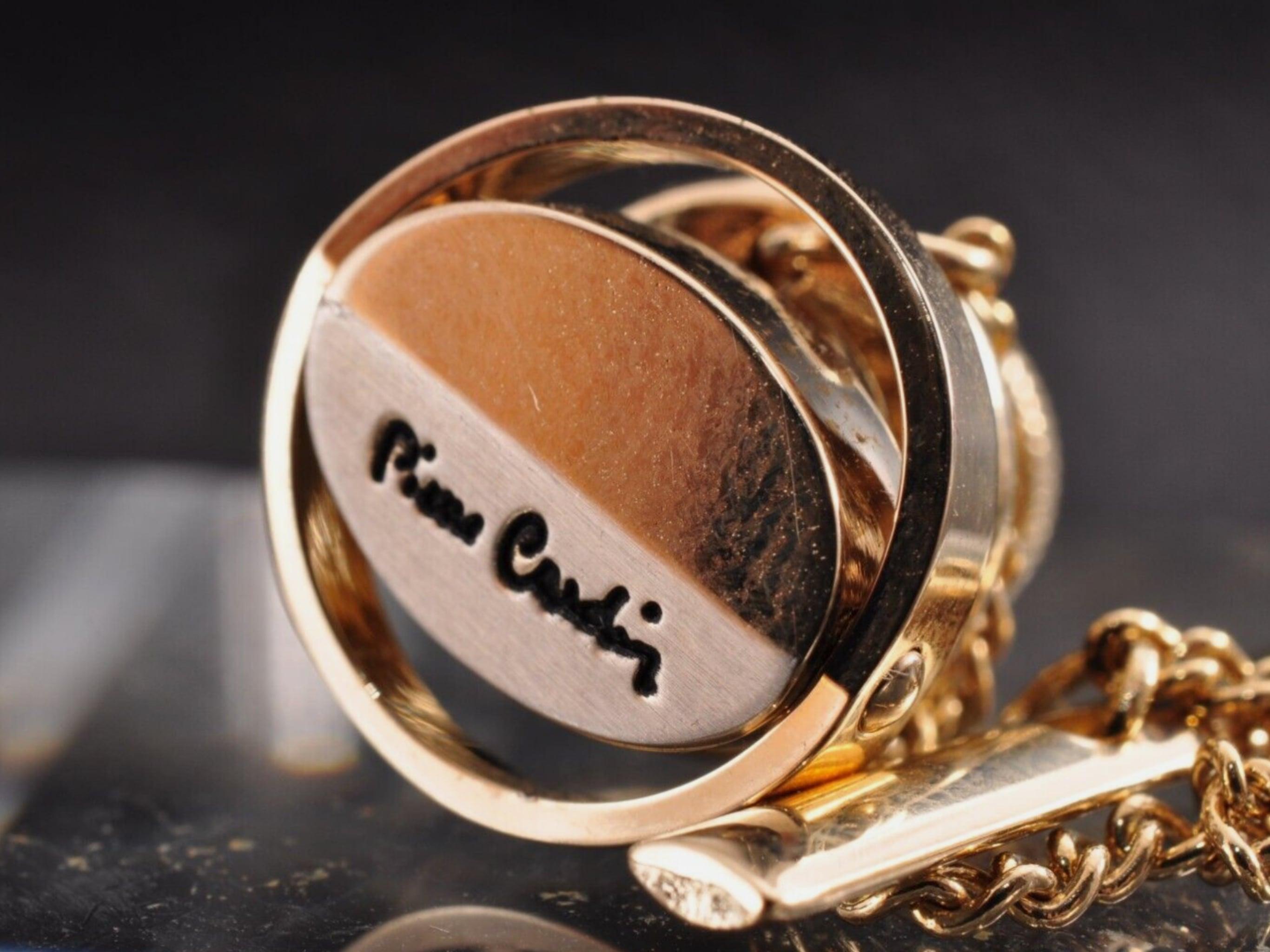 Women's or Men's Vintage PIERRE CARDIN Steel & Gold Plate LOGO CUFFLINKS, ORIGINAL Case Circa1960 For Sale