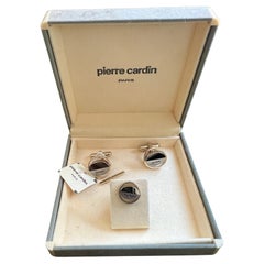 Vintage PIERRE CARDIN Steel & Gold Plate LOGO CUFFLINKS, ORIGINAL Case Circa1960