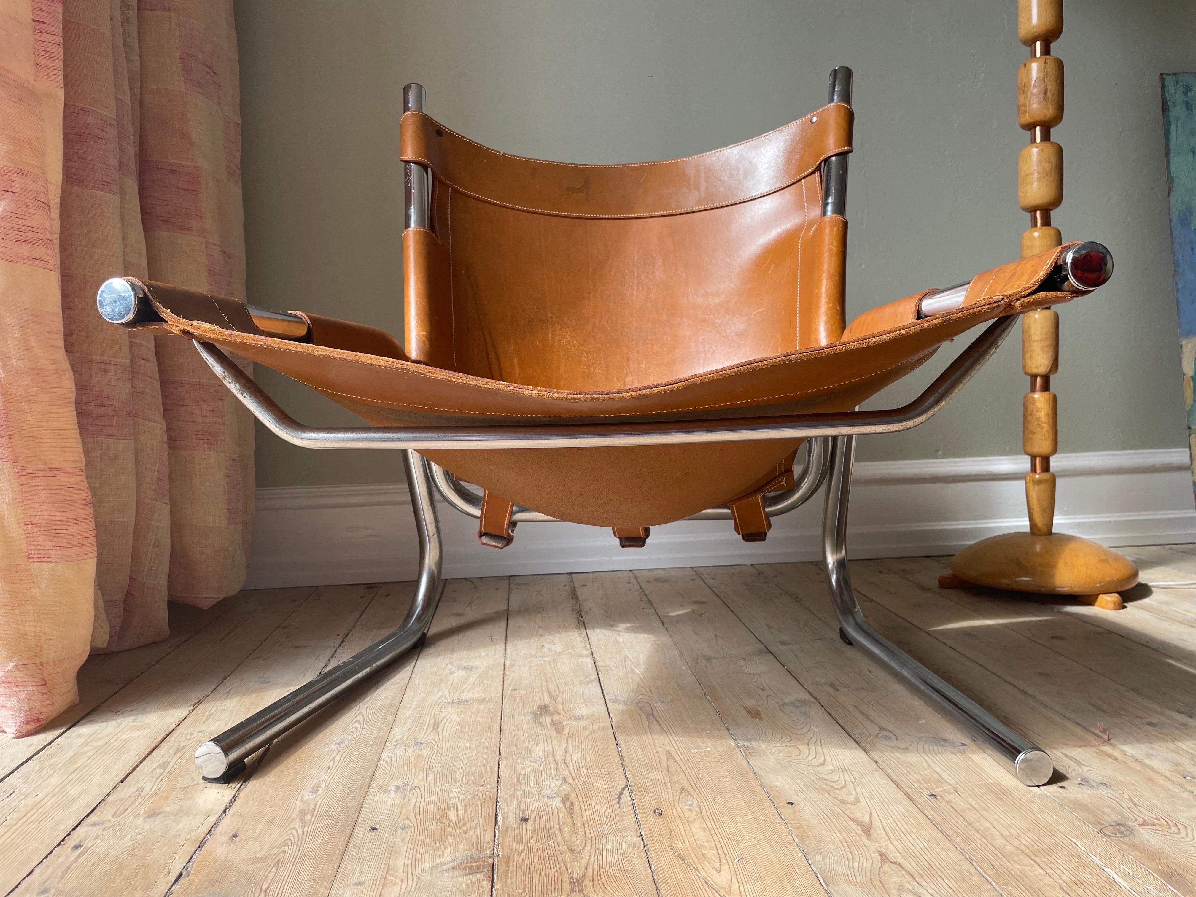 Metal Vintage Pierre Paulin Style Leather Steel Tubular Lounge Sling Chair, 1960s For Sale