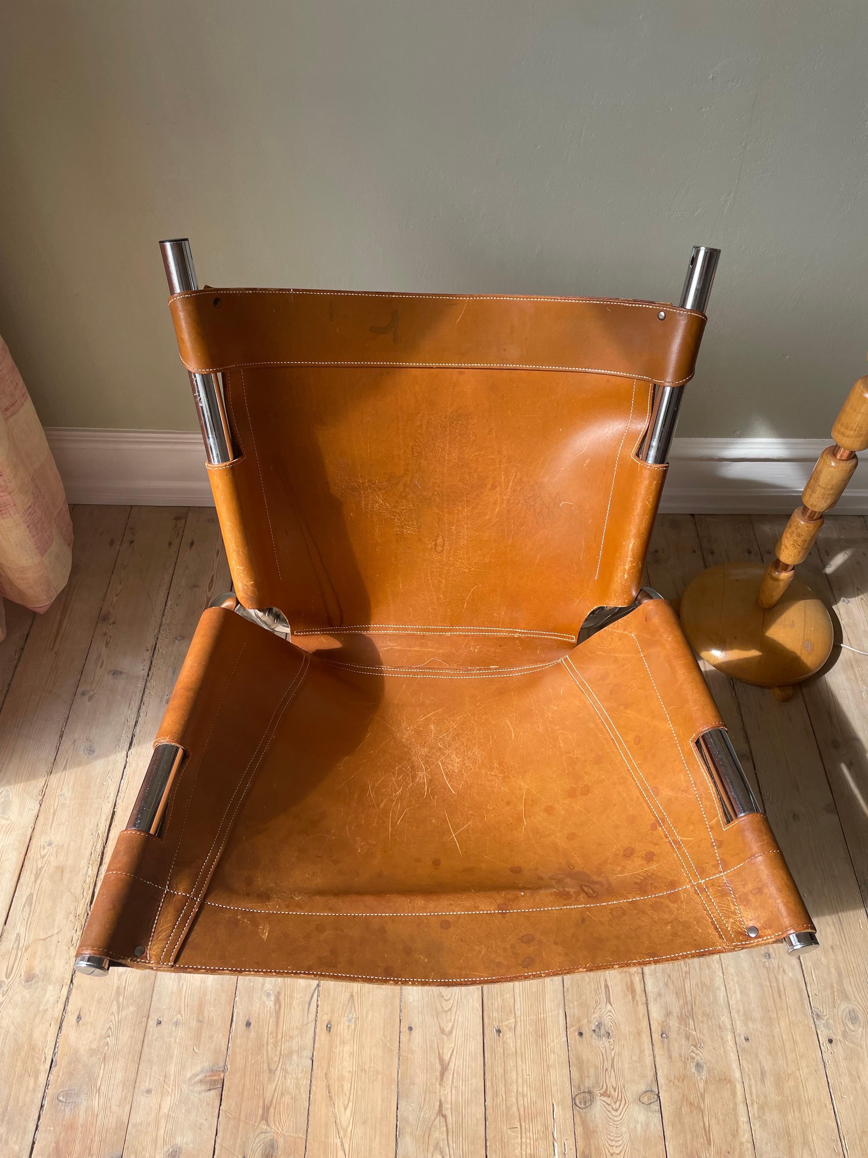 Vintage Pierre Paulin Style Leather Steel Tubular Lounge Sling Chair, 1960s For Sale 2