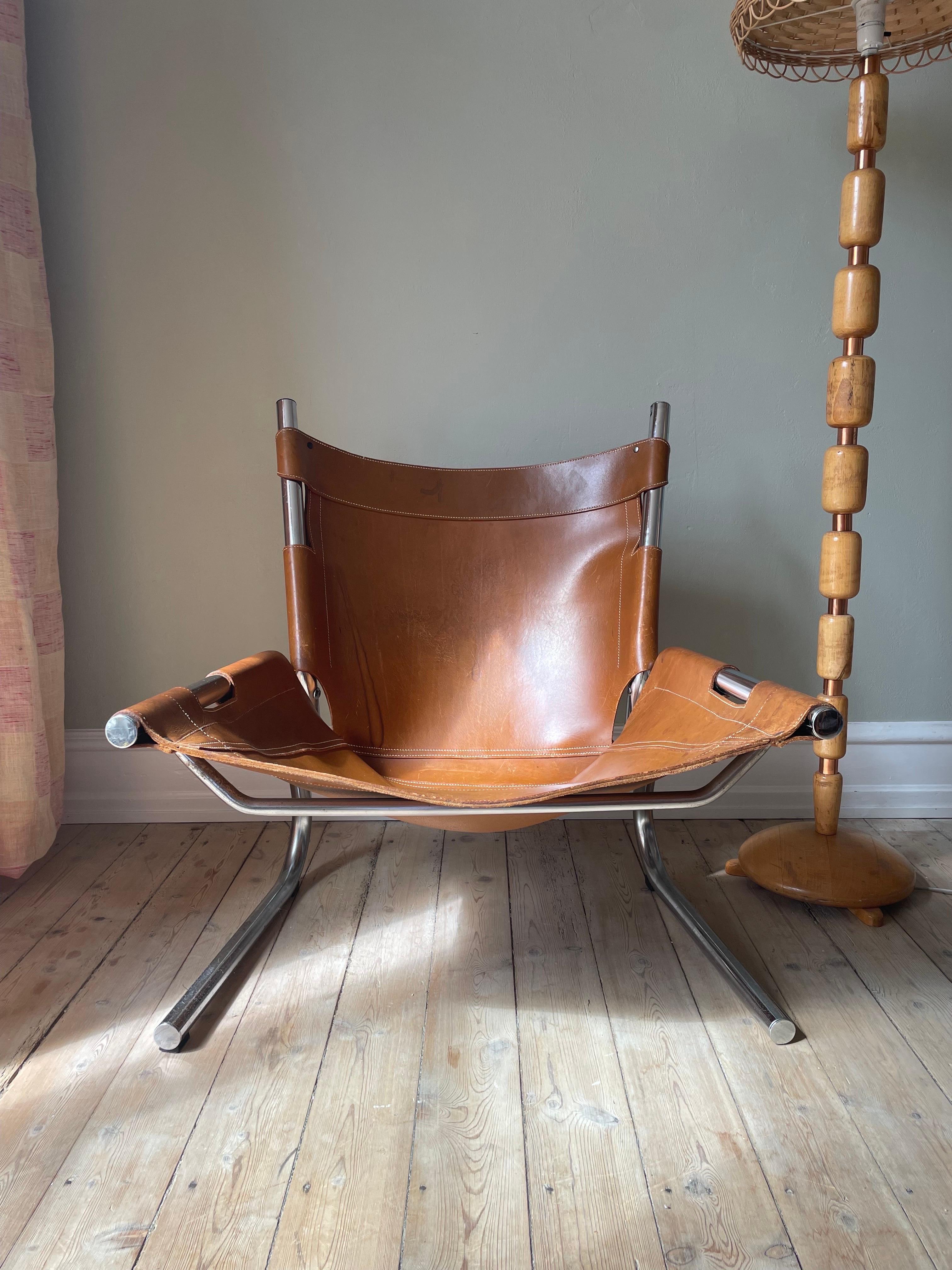 Vintage Pierre Paulin Style Leather Steel Tubular Lounge Sling Chair, 1960s For Sale 8