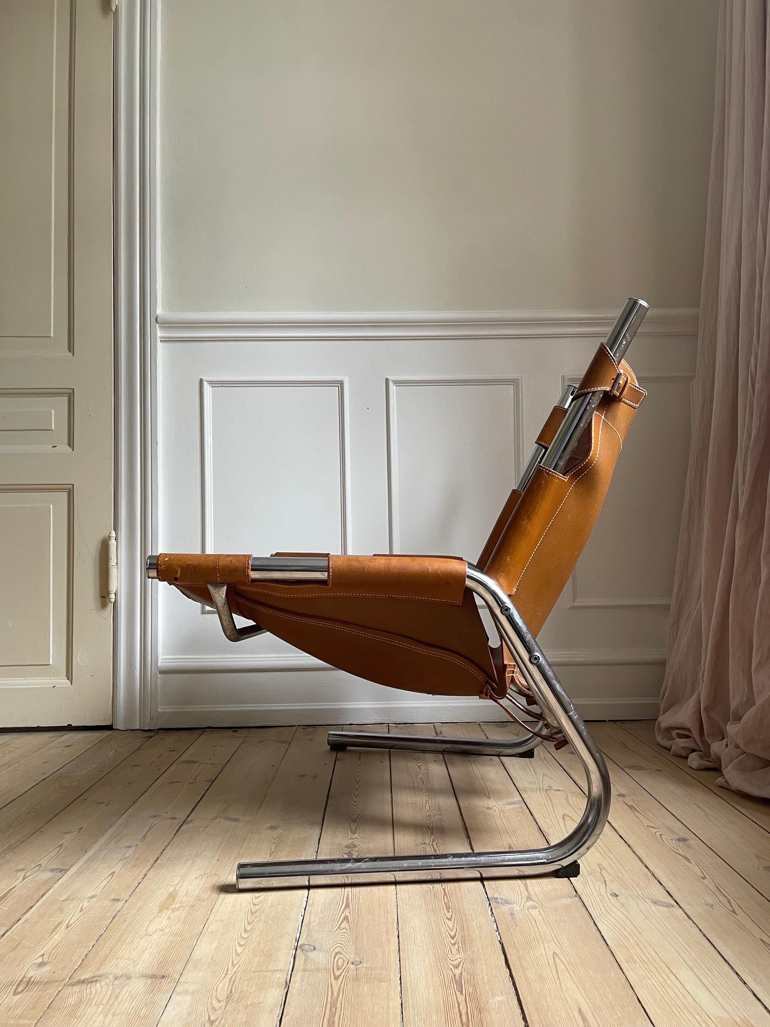 Mid-Century Modern Vintage Pierre Paulin Style Leather Steel Tubular Lounge Sling Chair, 1960s For Sale